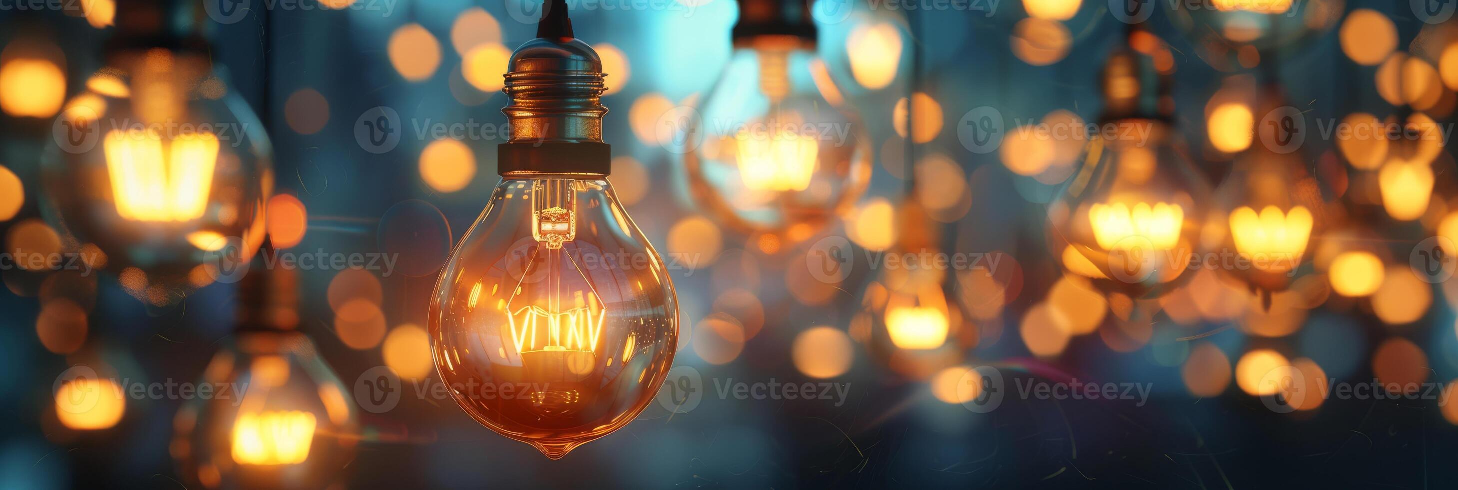 Beautifully illuminated light bulbs, creating a warm and inviting ambiance, fill the space with charm and comfort photo