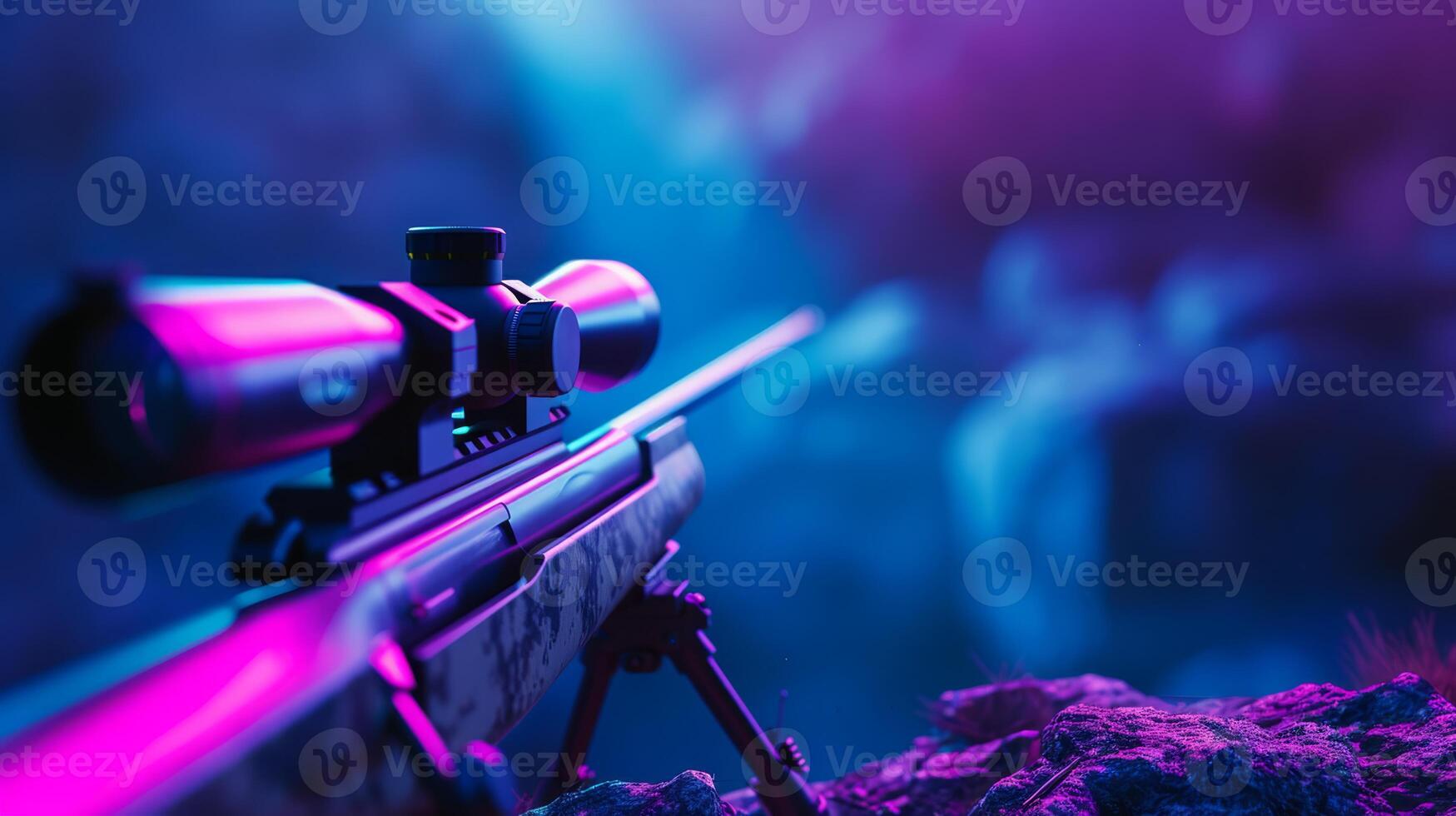 A beautifully detailed sniper rifle is captured under vibrant lighting in a moody and atmospheric environment photo