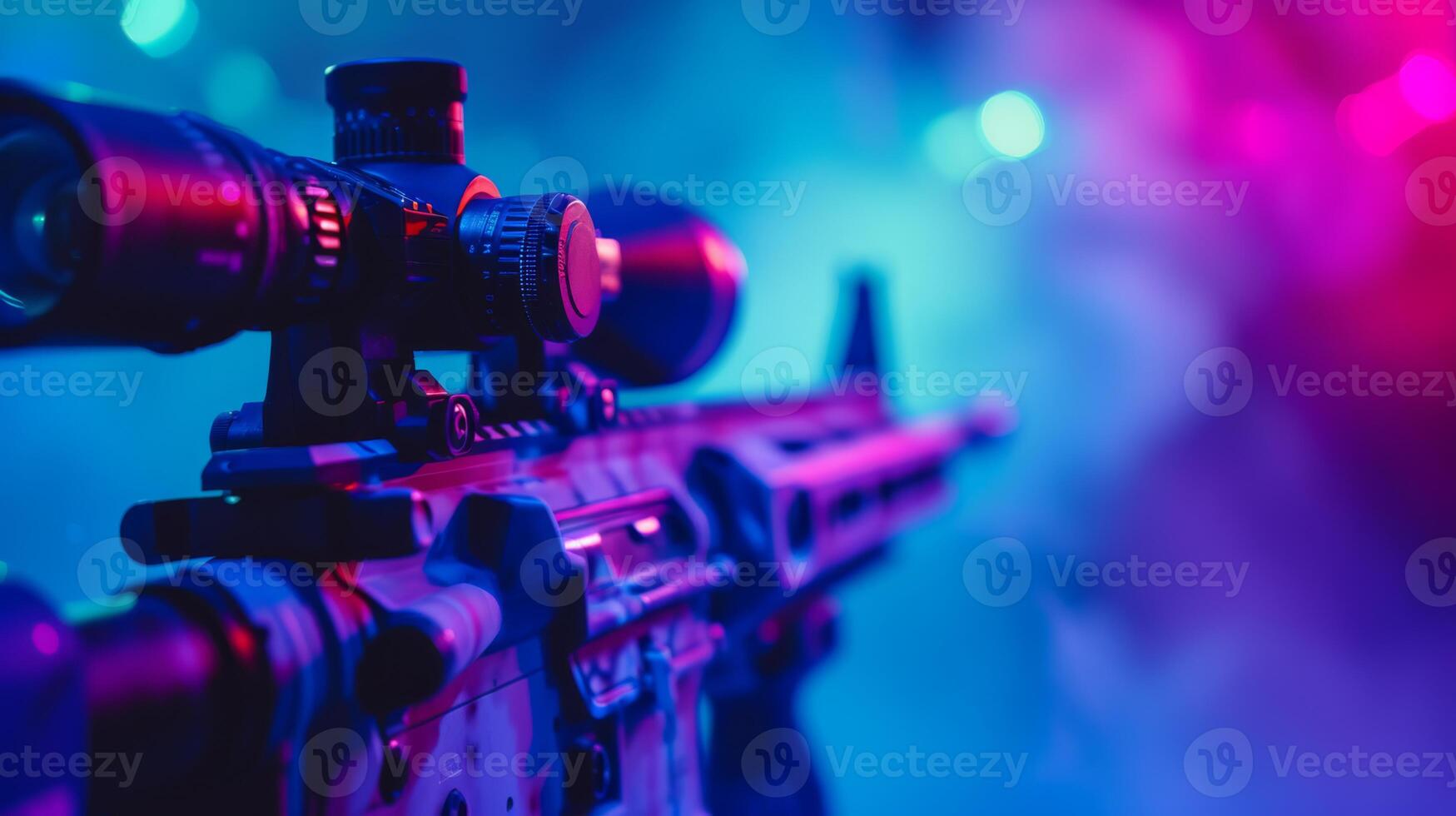 An artistic and detailed closeup of a tactical rifle emphasized by striking, vibrant, and colorful lighting effects photo
