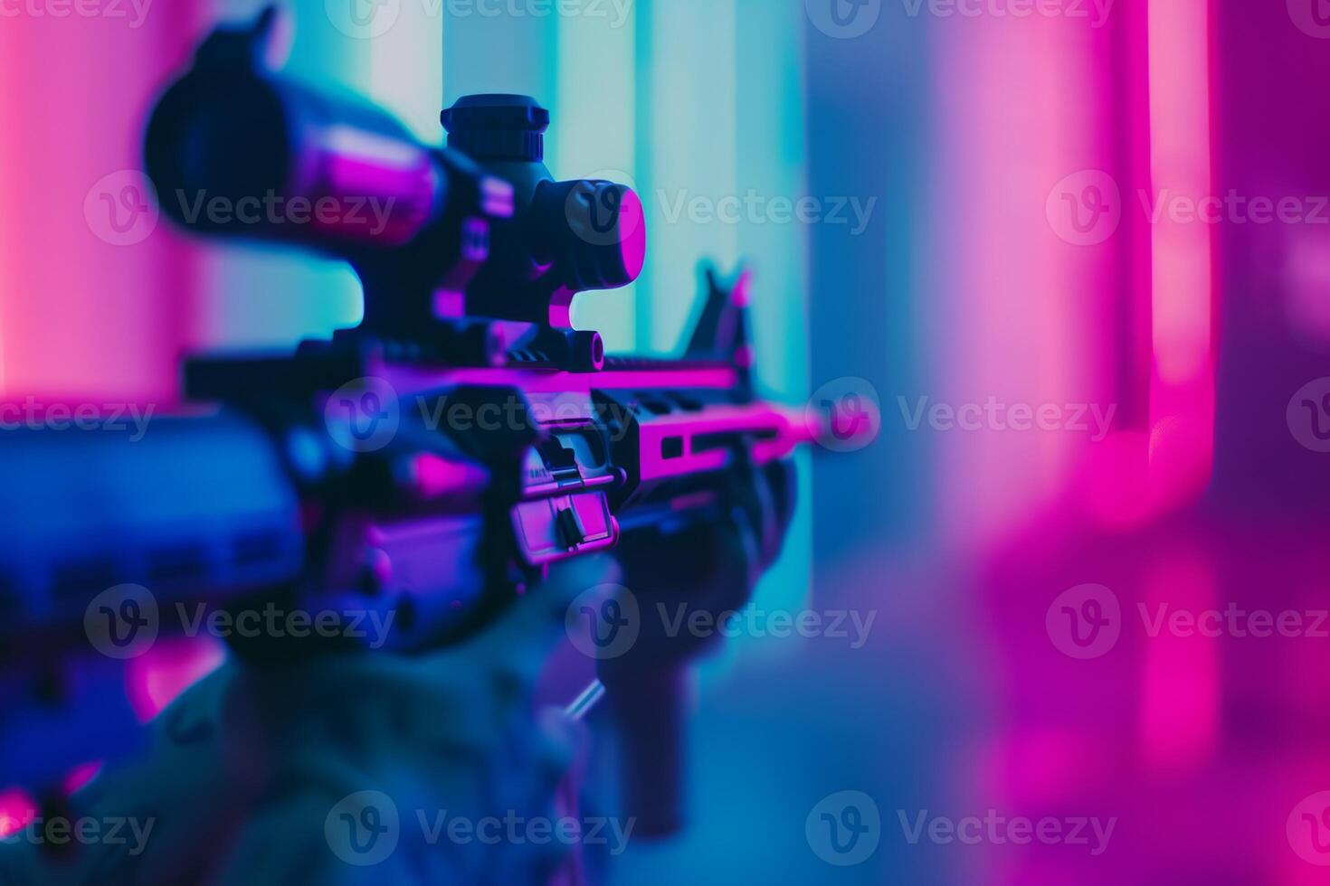 A striking close-up of a tactical rifle, enhanced by neon lighting effects, perfect for media projects. photo