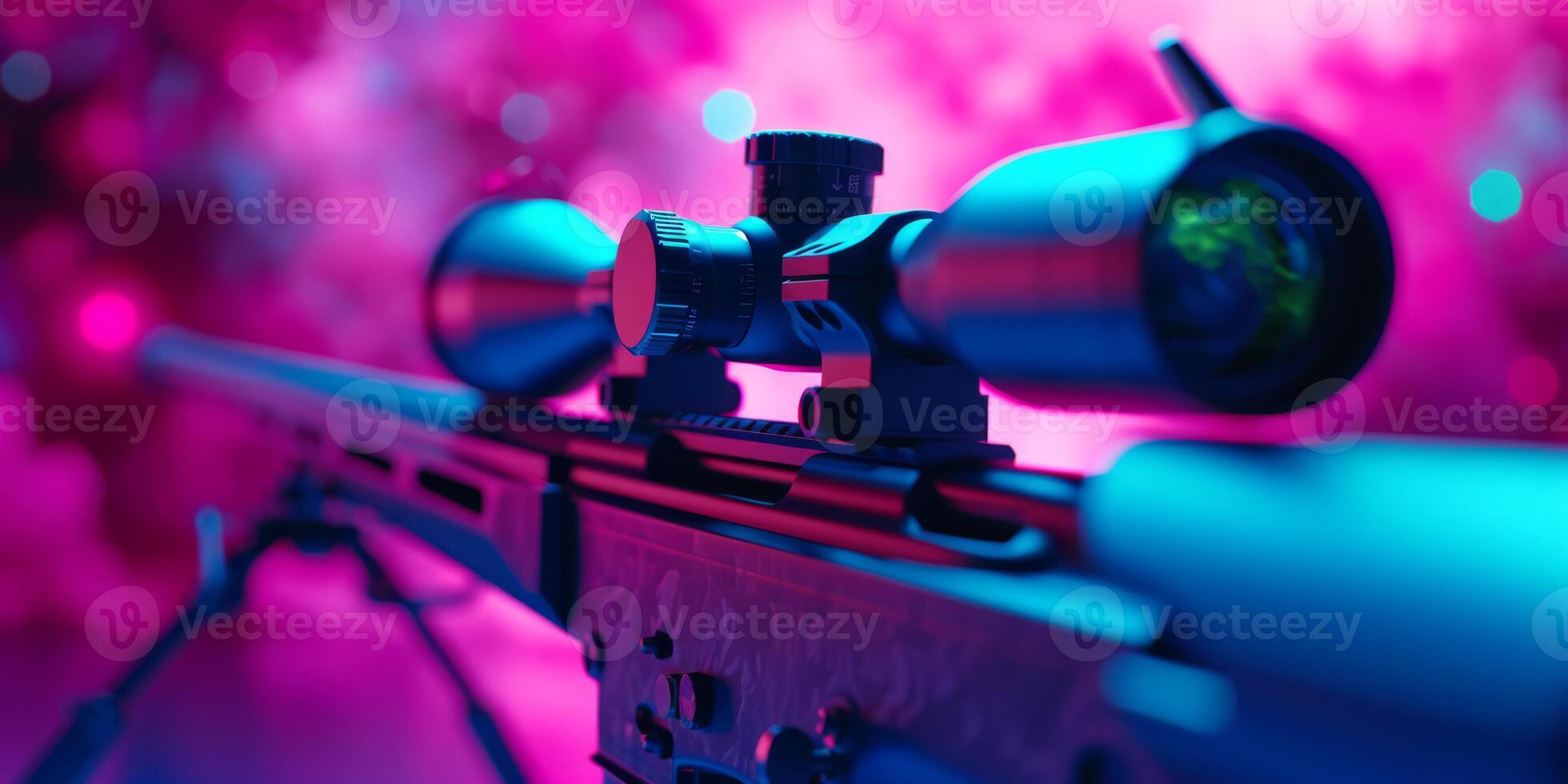 An incredible and stunning closeup view of a sniper rifle that highlights its advanced optics and vibrant colors photo
