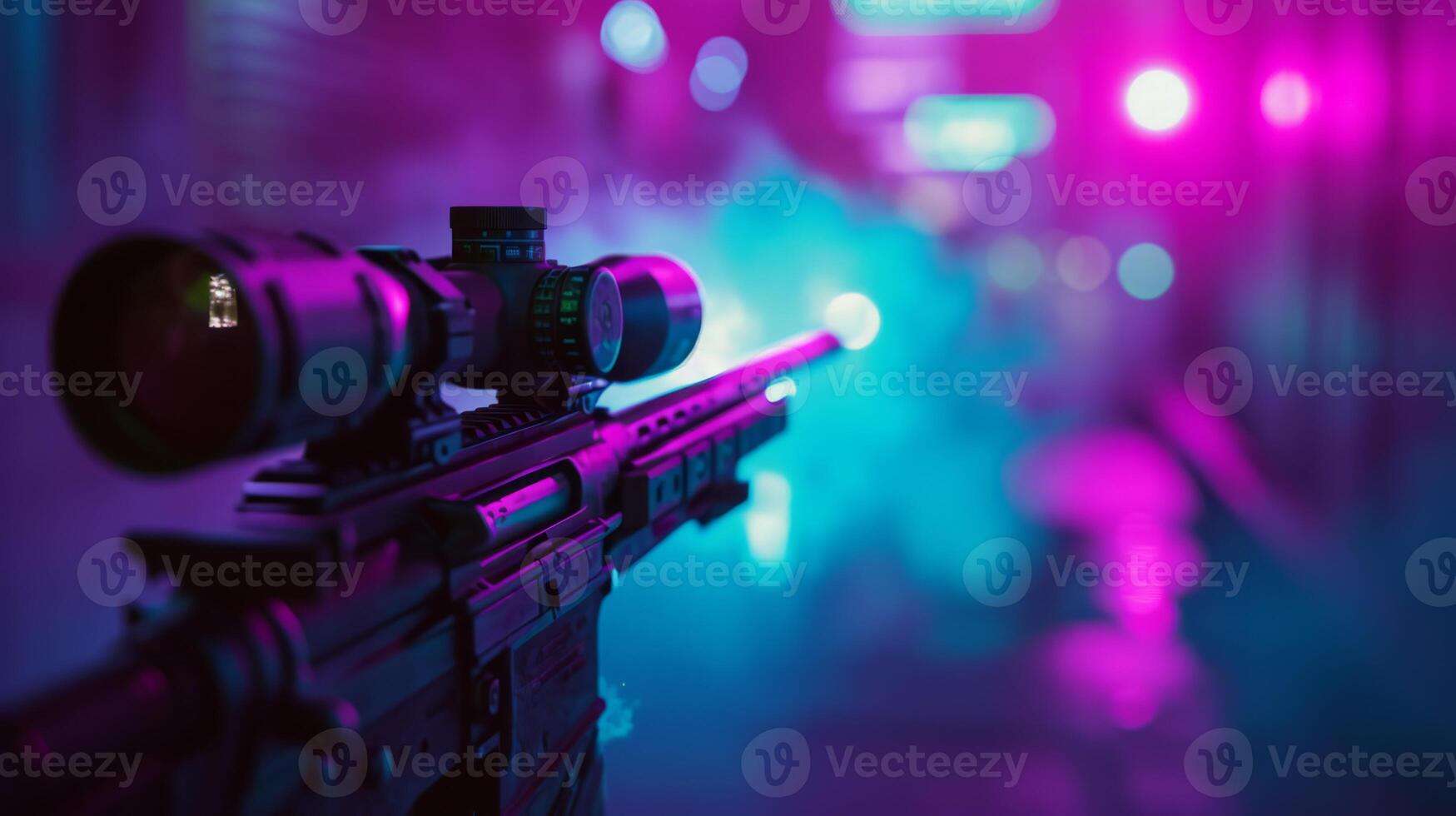 In a neonlit setting, a sniper rifle stands out, creating a captivating contrast and immersive atmosphere photo