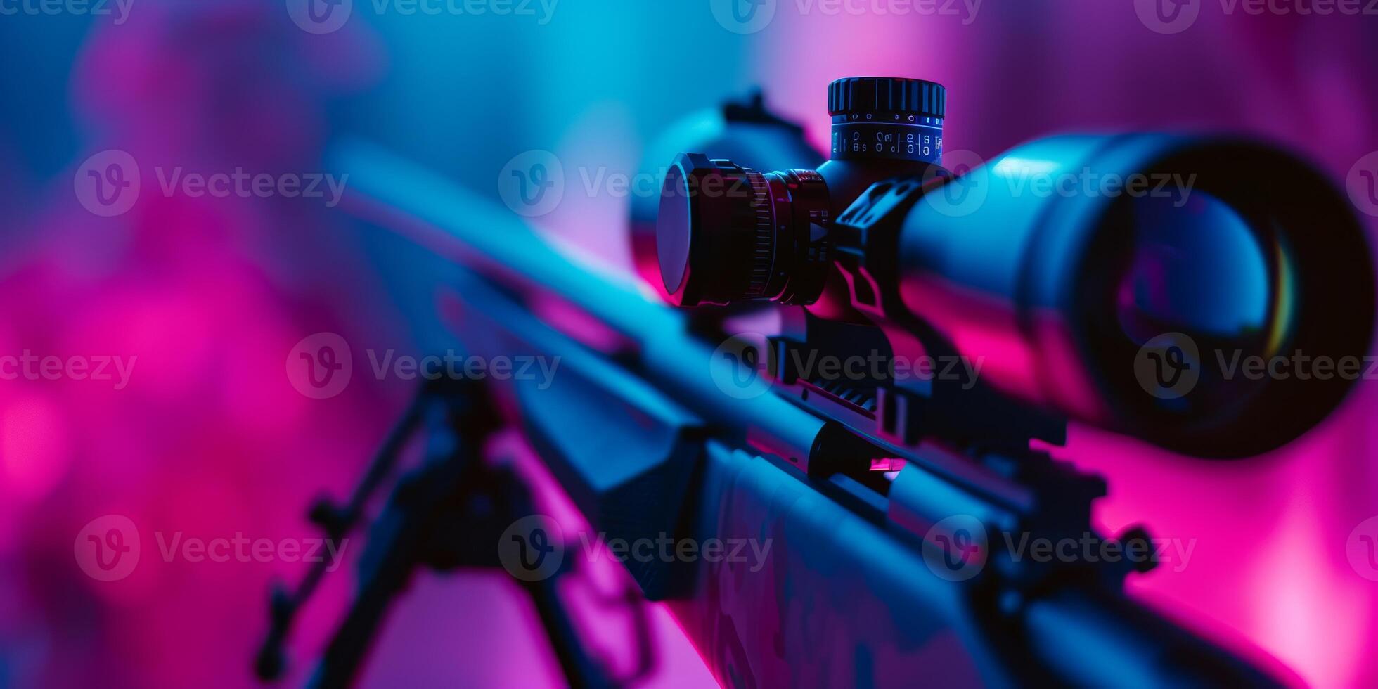 A highly detailed closeup of a modern sniper scope illuminated with vibrant and captivating lighting effects photo