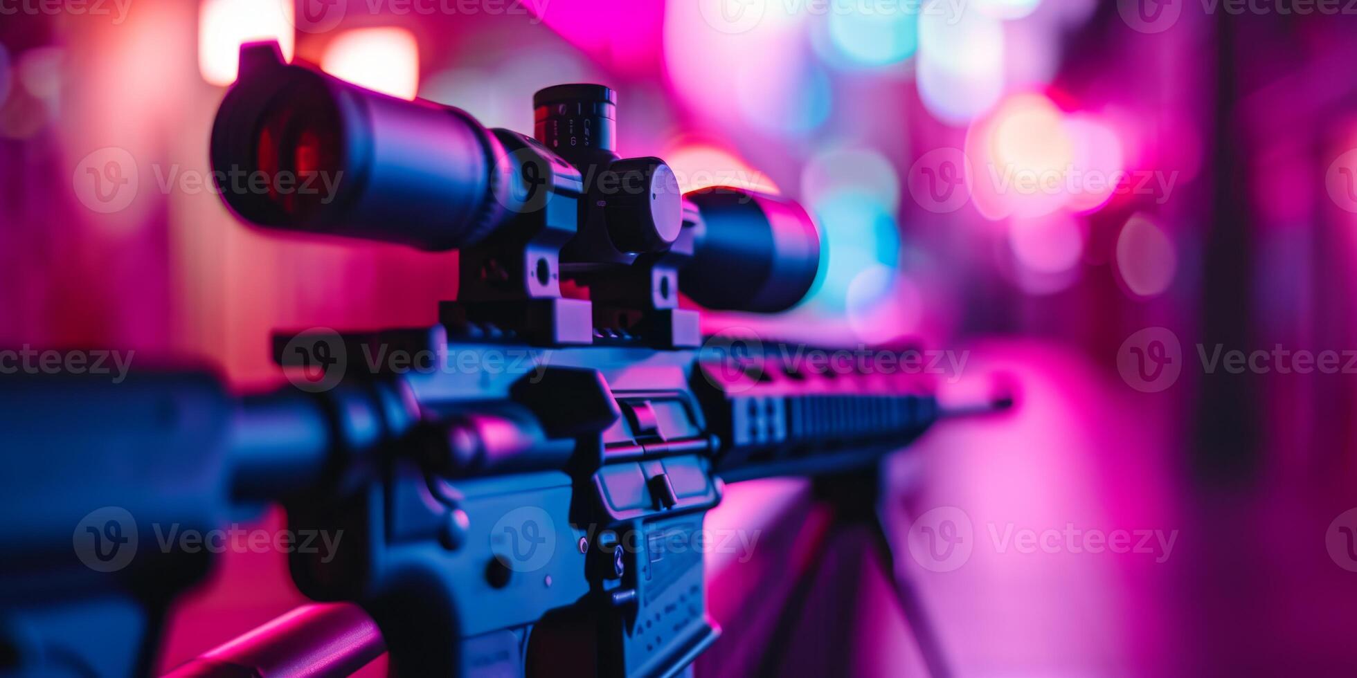 A captivating and striking closeup of a tactical rifle, enhanced with vivid neon lighting effects that mesmerize photo