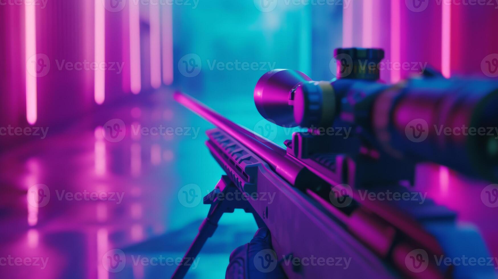 A stunning sniper rifle is showcased in a neonlit corridor, blending elegance with inherent danger photo