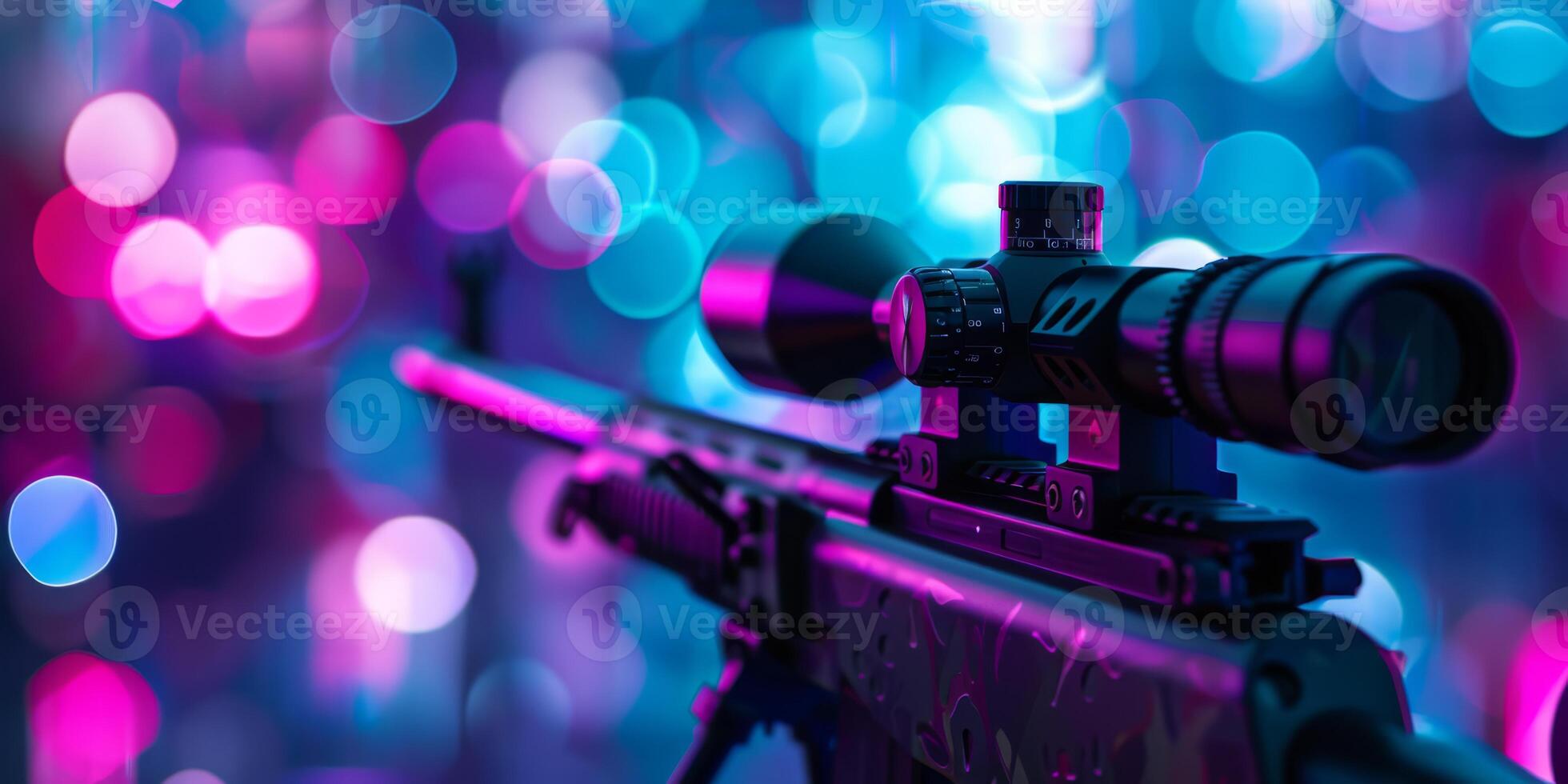 A closeup view of a sniper rifle scope beautifully set against a vibrant and colorful bokeh background at night photo