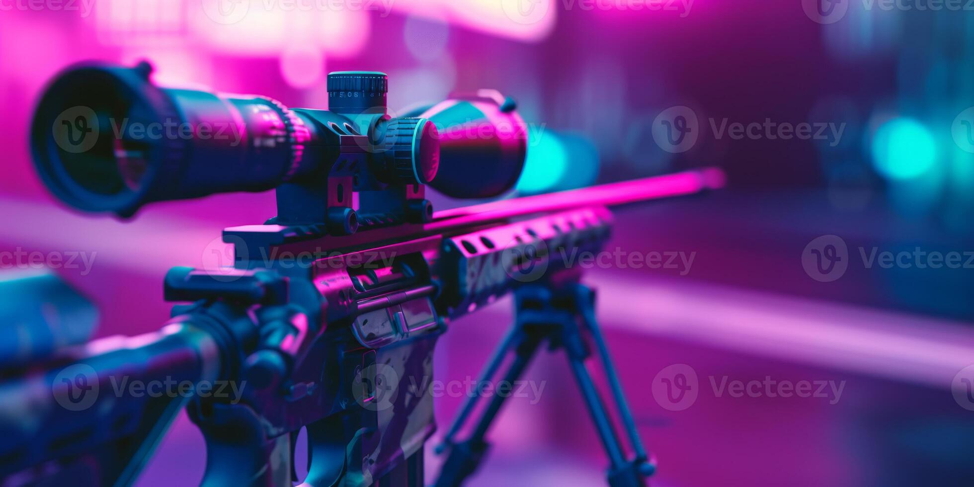 A stylish sniper rifle is showcased under neon lights, highlighting modern weaponry design and aesthetics photo