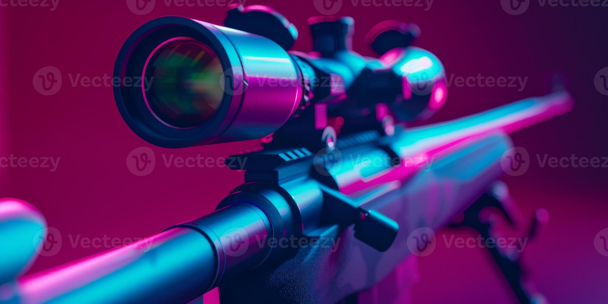 A detailed closeup of a sniper rifle featuring its scope, highlighted by vibrant neon colors for visual appeal photo
