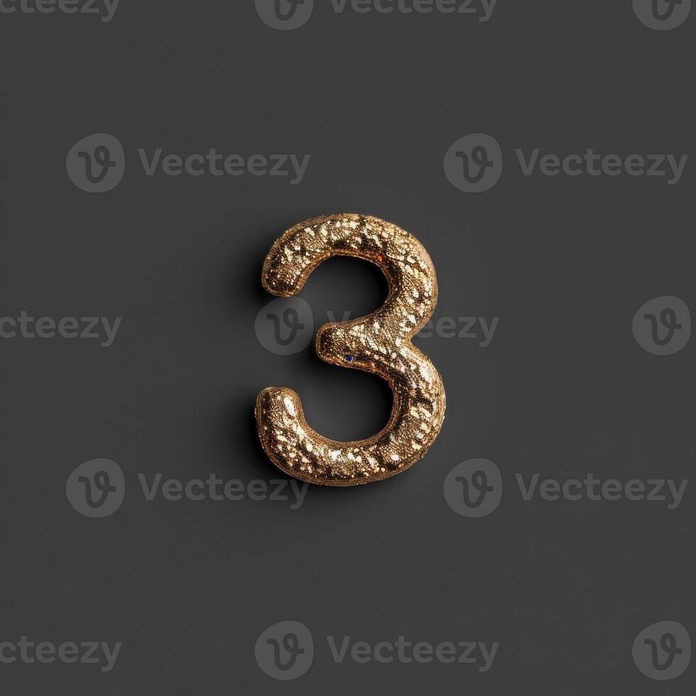 An artistic depiction of a golden number 3 featuring a textured design on a dark and contrasting background photo