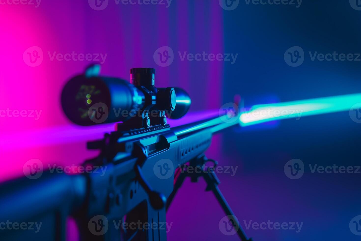 An elegantly designed sleek rifle that showcases vibrant and vivid neon lighting, ideal for tactical and modern themes photo