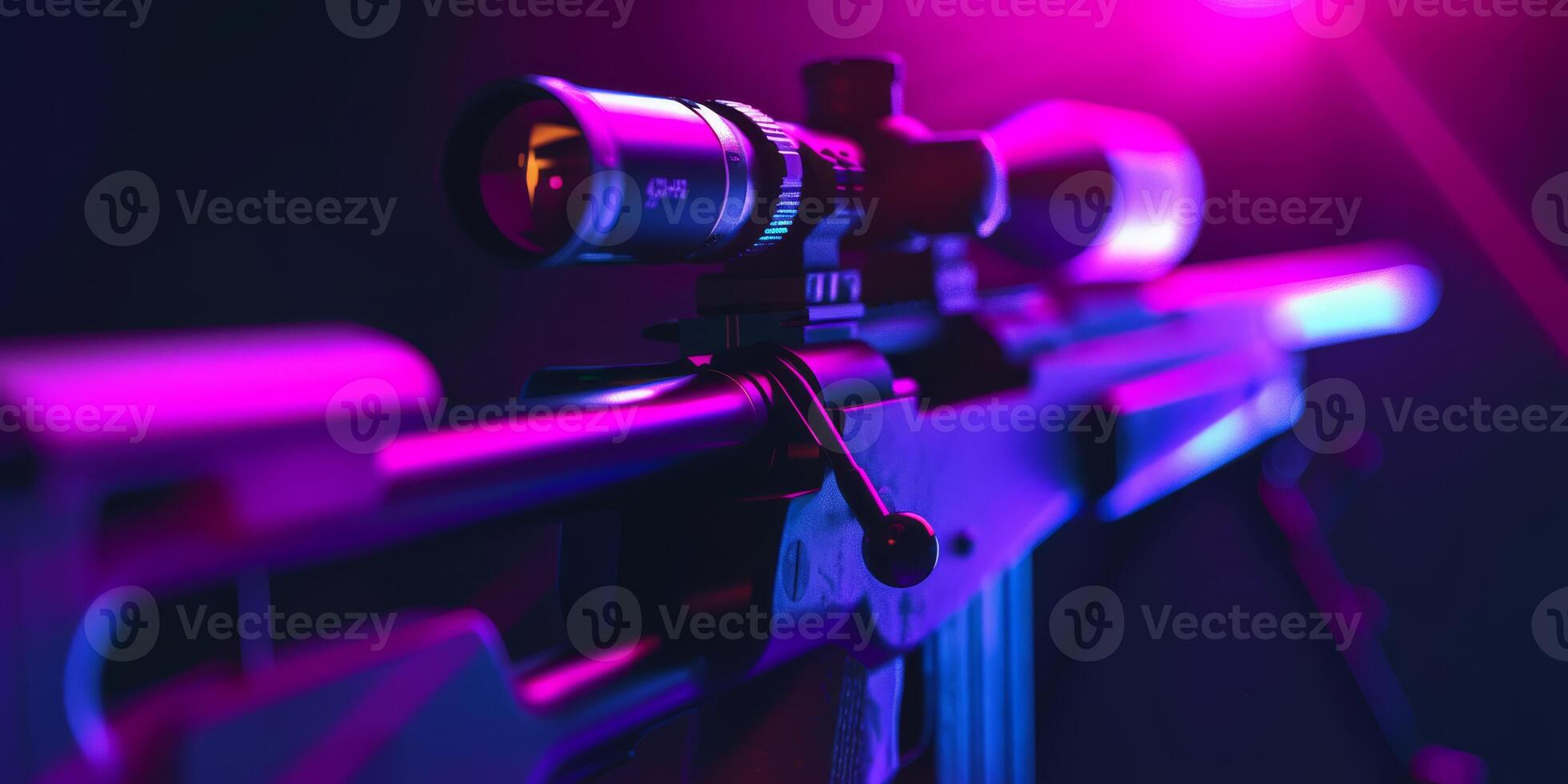 A stunning and striking closeup view showcasing a sniper rifle, featuring a sleek scope with vibrant neon colors photo