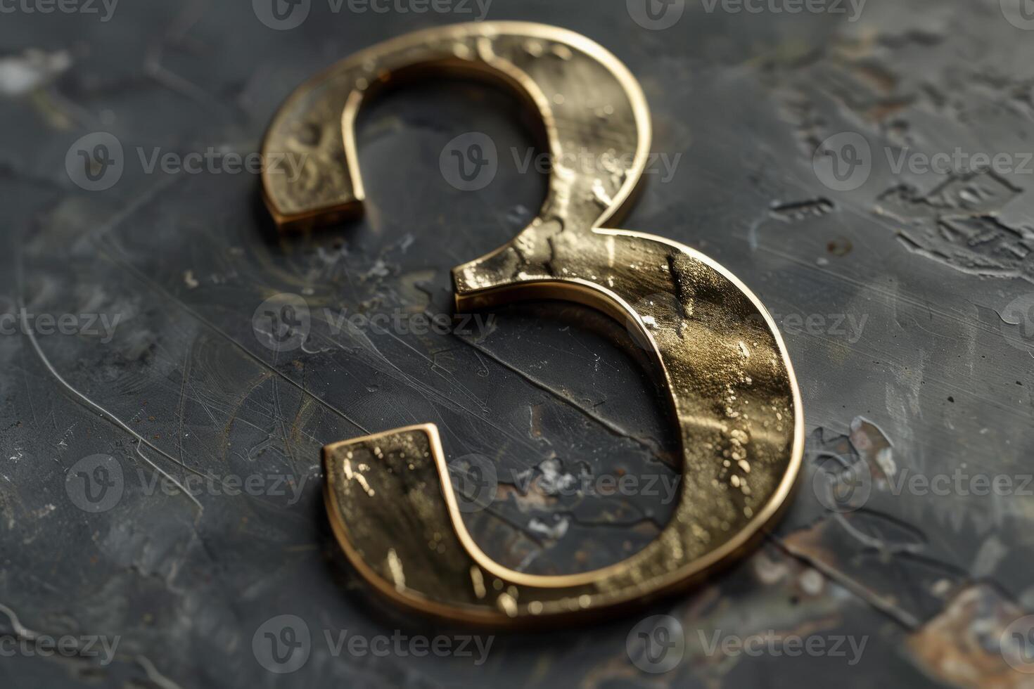 A stunning closeup view of a golden number 3, expertly and beautifully crafted on a rich dark textured surface photo