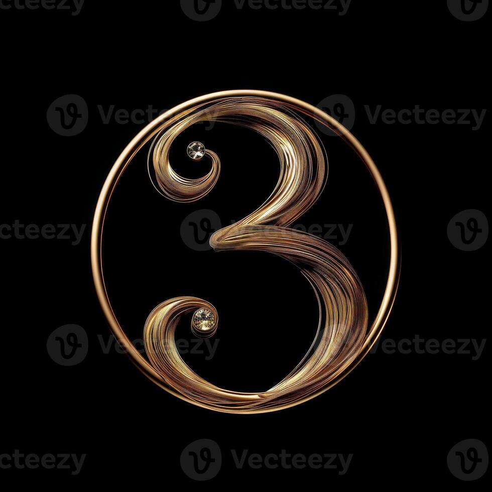 A classy and elegant representation of the number three designed with artistic swirls and a luxurious golden color photo