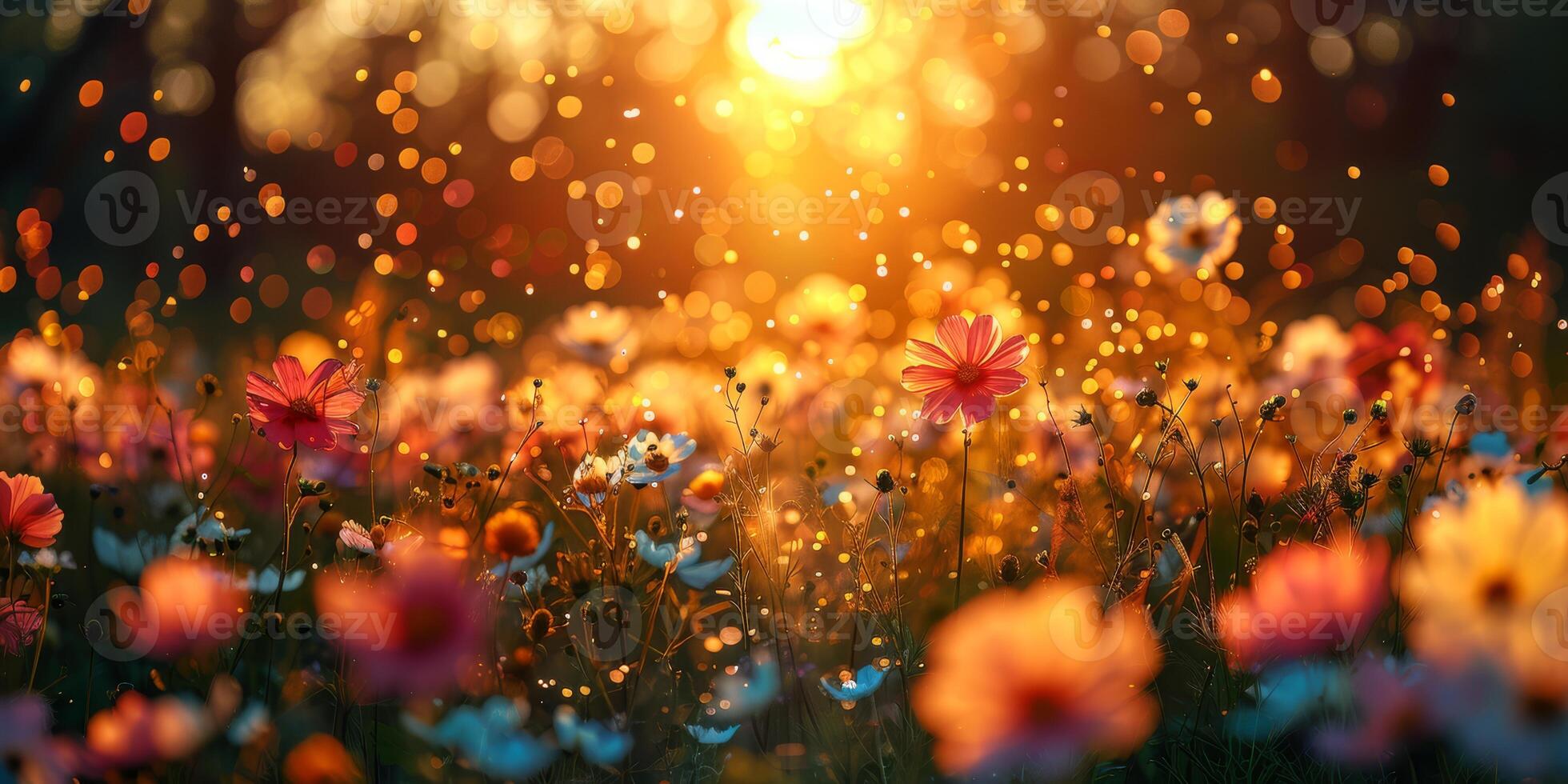 A beautiful field of vibrant flowers bathed in soft golden sunlight, creating a dreamy, enchanting bokeh effect photo