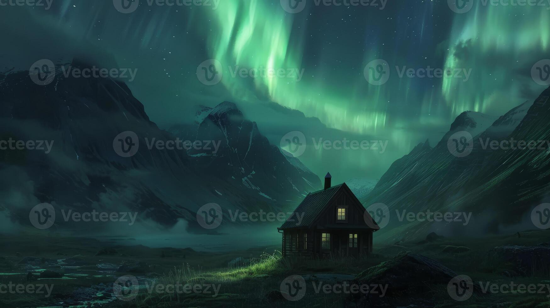 A breathtaking view of the northern lights over a quaint cabin nestled in stunning mountains and fog, creating a serene, magical atmosphere that enchants the soul. Experience natures wonders photo