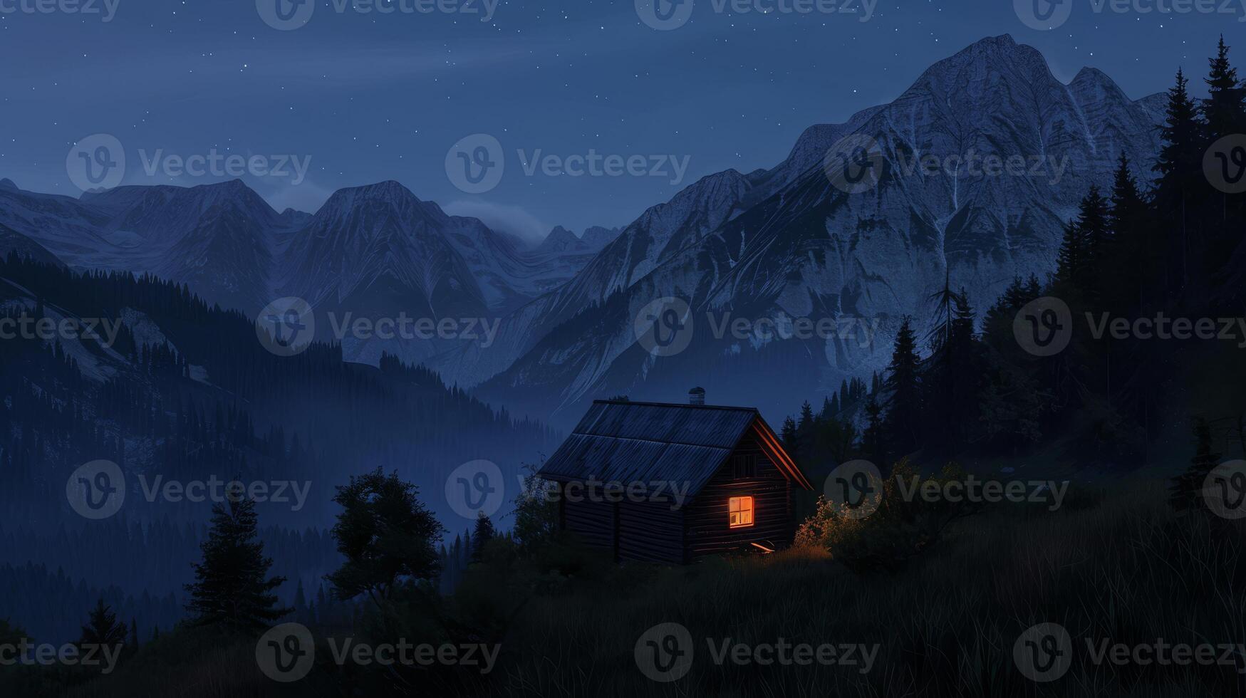 A charming cabin in the mountains glows warmly in the cool night air, surrounded by majestic peaks and a stunning starry sky, with dancing northern lights creating a magical display above photo