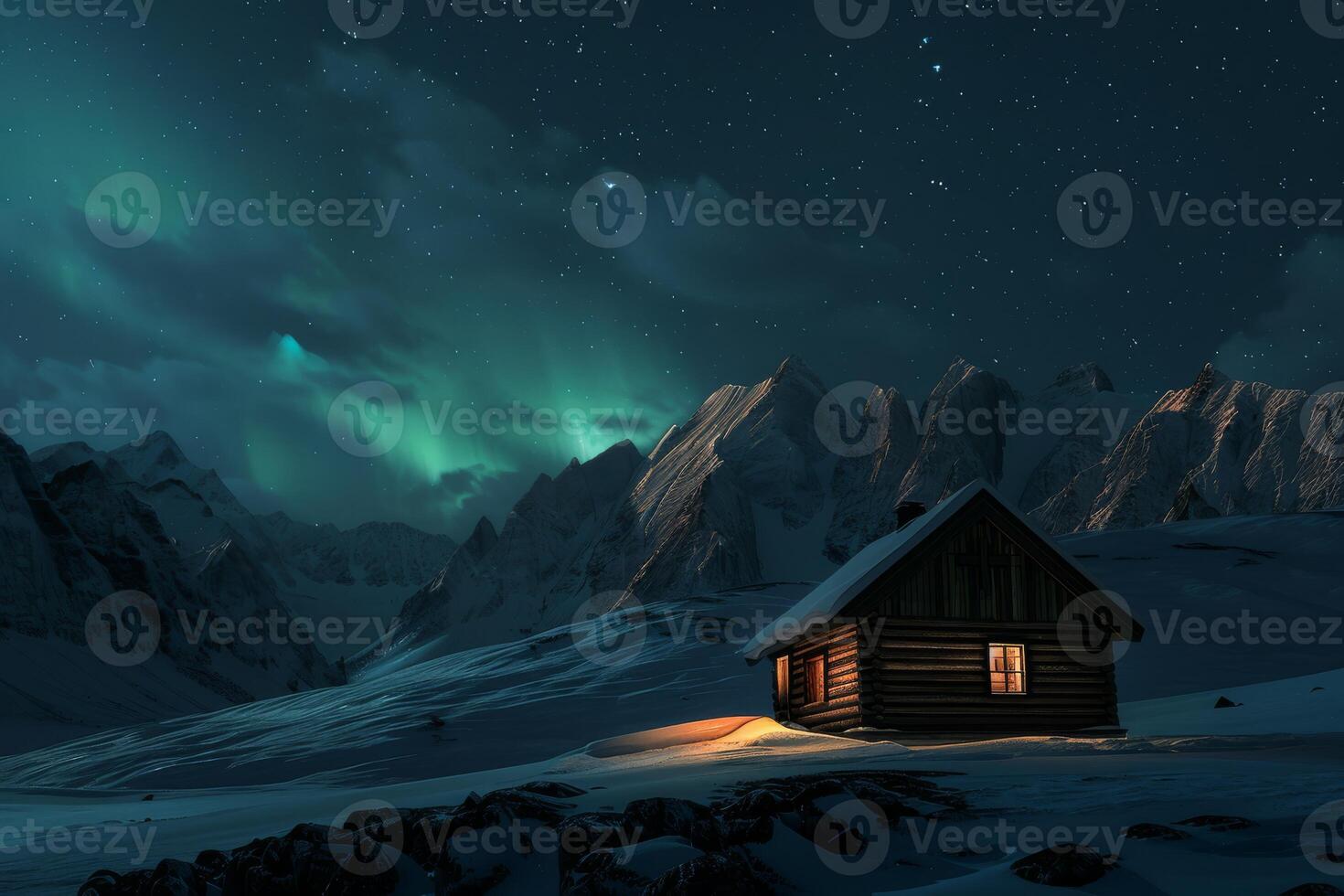 On a serene night scene, there is a cozy cabin that is beautifully illuminated beneath the mesmerizing auroras of the northern lights while being surrounded by captivating snowcovered mountains photo
