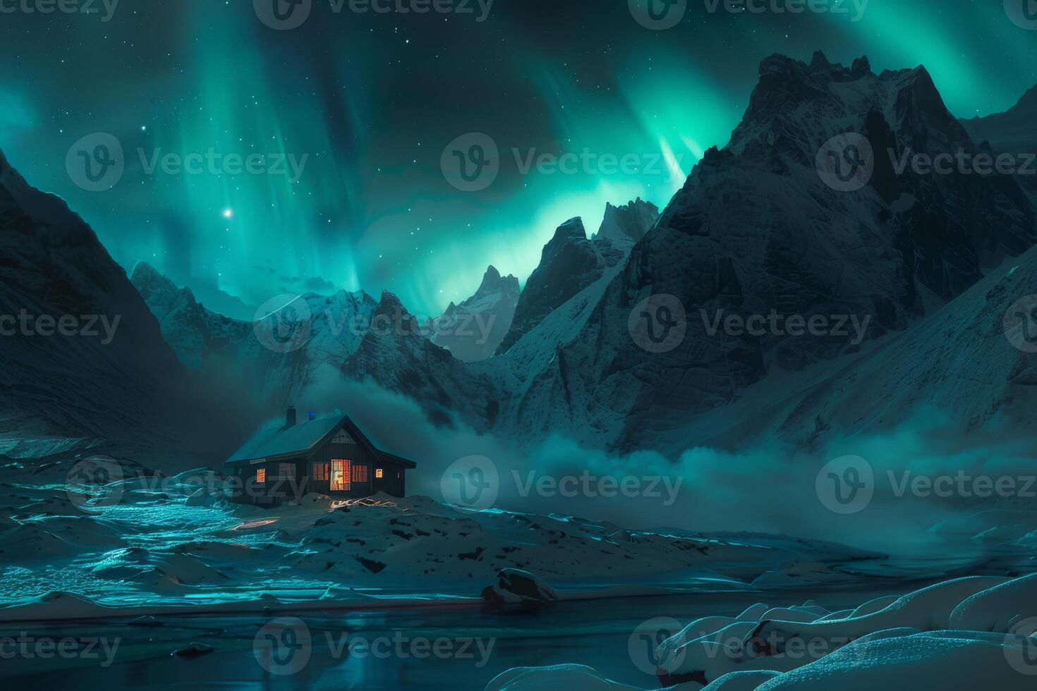 A peacefully serene cabin nestled amidst a breathtakingly beautiful range of majestic mountains, bathed in the ethereal and magical glow of the northern lights during a tranquil winter landscape photo