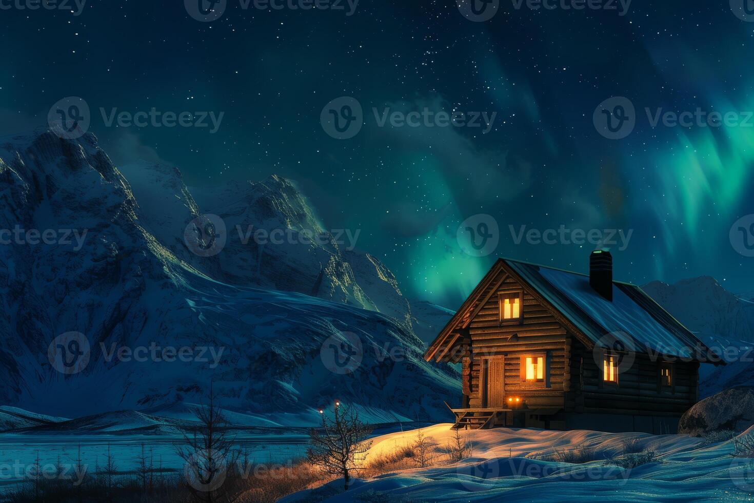 A charming cabin in the snowy mountains, illuminated by northern lights, creates a magical winter atmosphere ideal for relaxation and inspiration, inviting all to experience its peaceful beauty photo