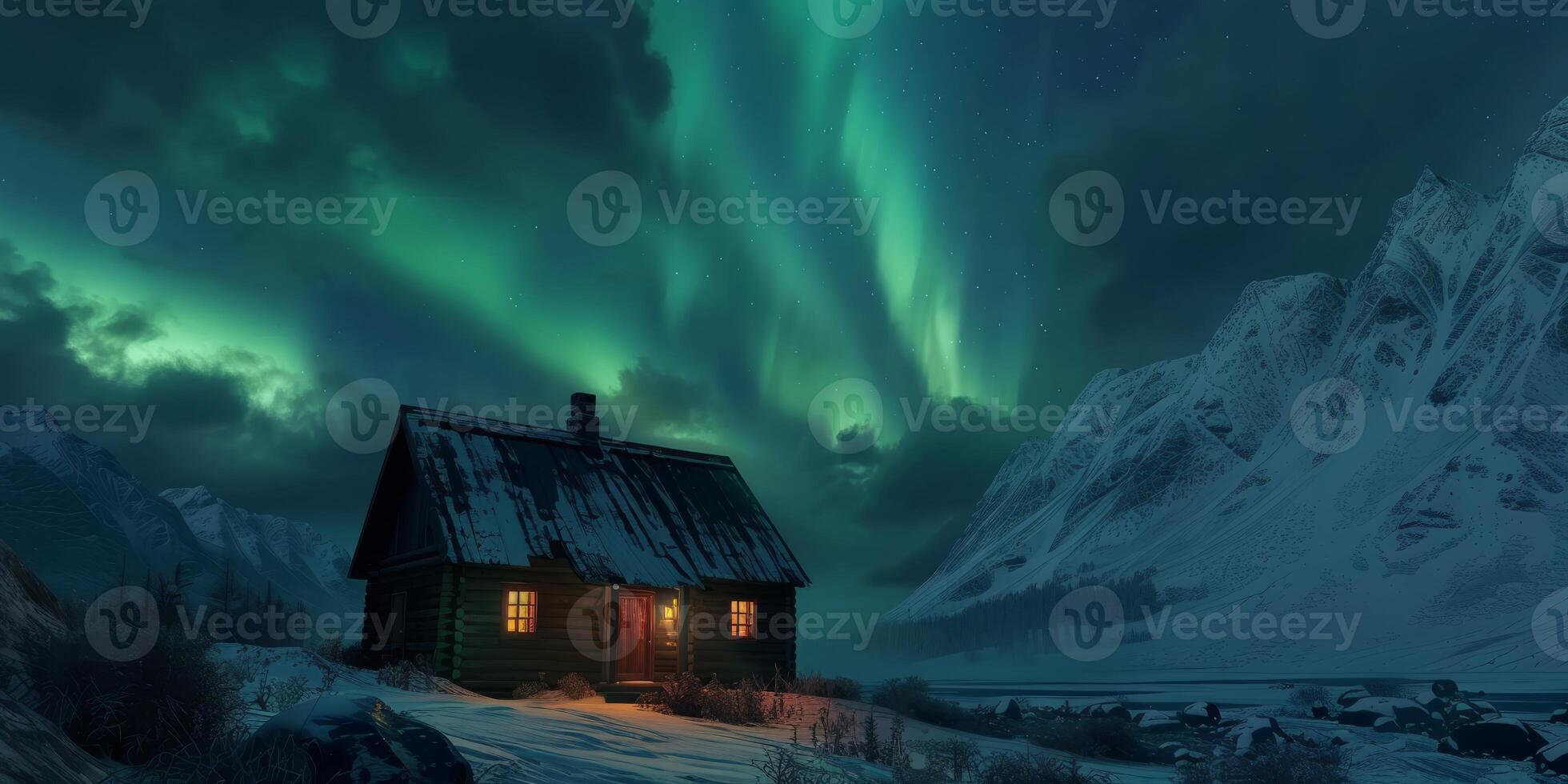 A serene winter scene showcases a cozy log cabin, warmly illuminated by the enchanting northern lights as they gracefully dance across the clear night sky, creating a beautiful, dreamlike atmosphere photo