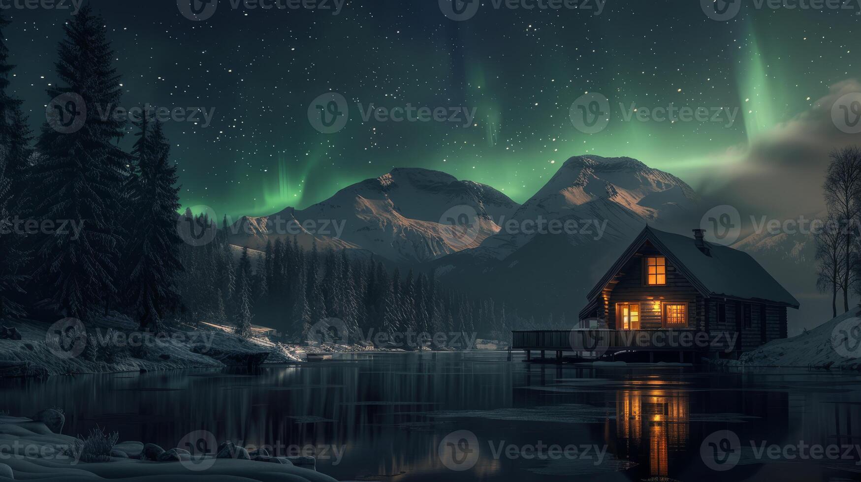 A tranquil scene of a quaint, cozy cabin snugly positioned by the serene lake, brilliantly illuminated against a stunning and captivating backdrop of the northern lights and majestic mountains photo