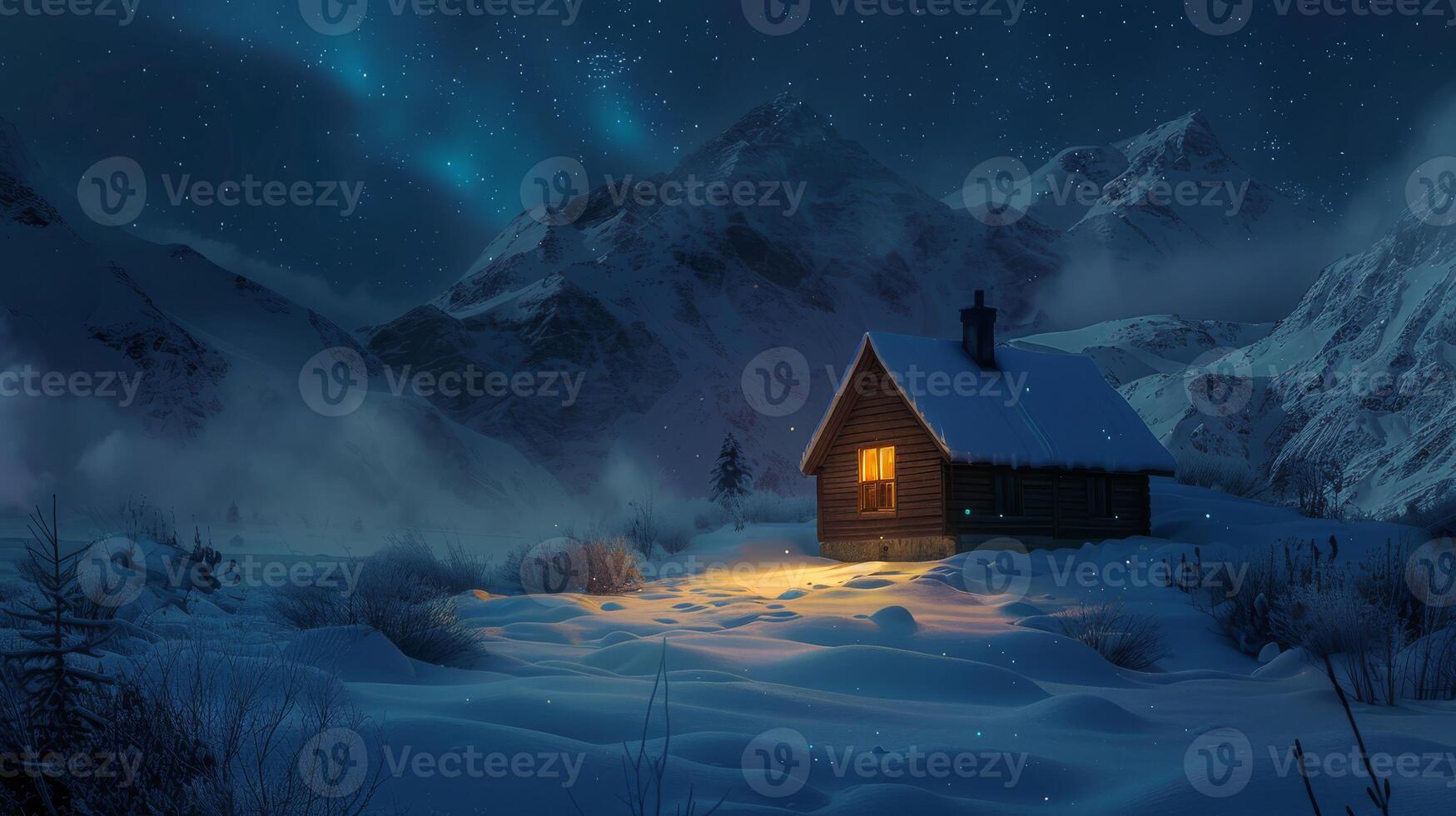 Imagine a cozy cabin glowing in a winter landscape, surrounded by soft snow and towering mountains, all illuminated by enchanting northern lights dancing across the sky, creating a magical atmosphere photo