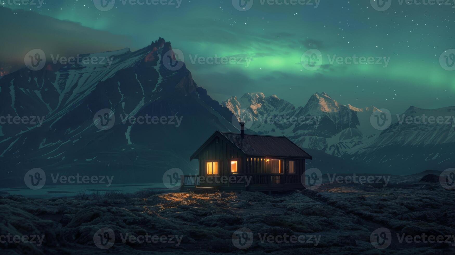 Experience a captivating, breathtaking view of the magical northern lights illuminating a cozy cabin nestled within a tranquil mountain landscape, creating a truly enchanting atmosphere photo