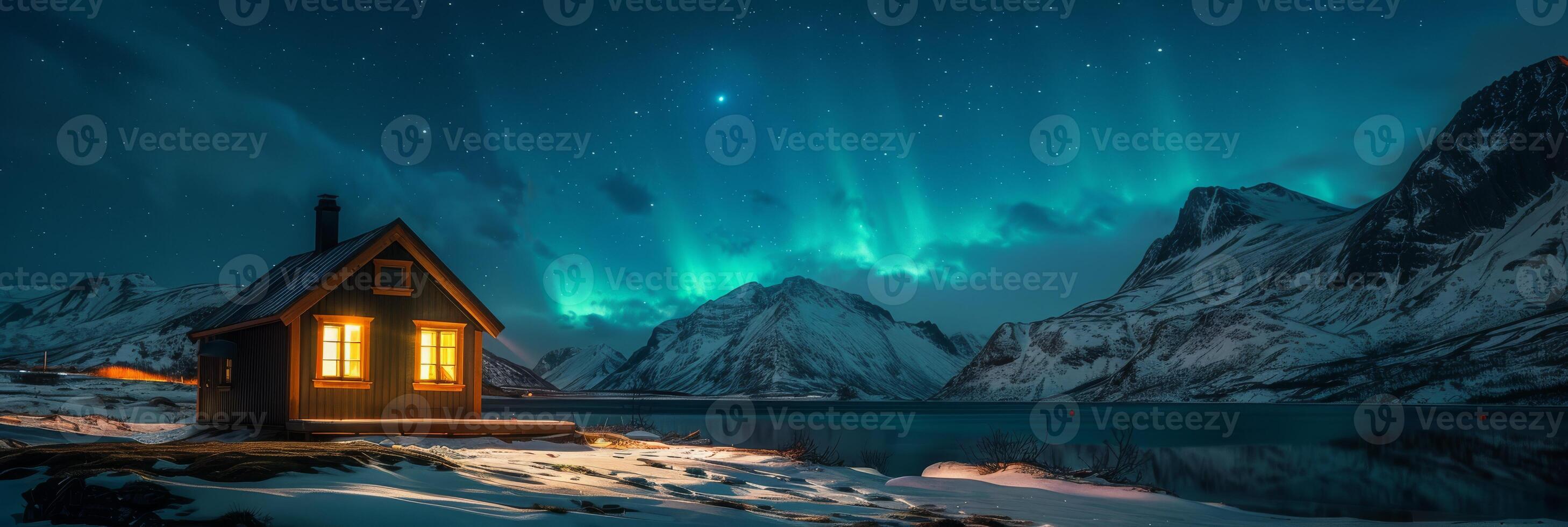 The northern lights illuminate a snowy landscape, casting a magical glow over a cozy cabin by a tranquil lake, all beneath a clear sky, creating an unforgettable experience for all who behold it photo