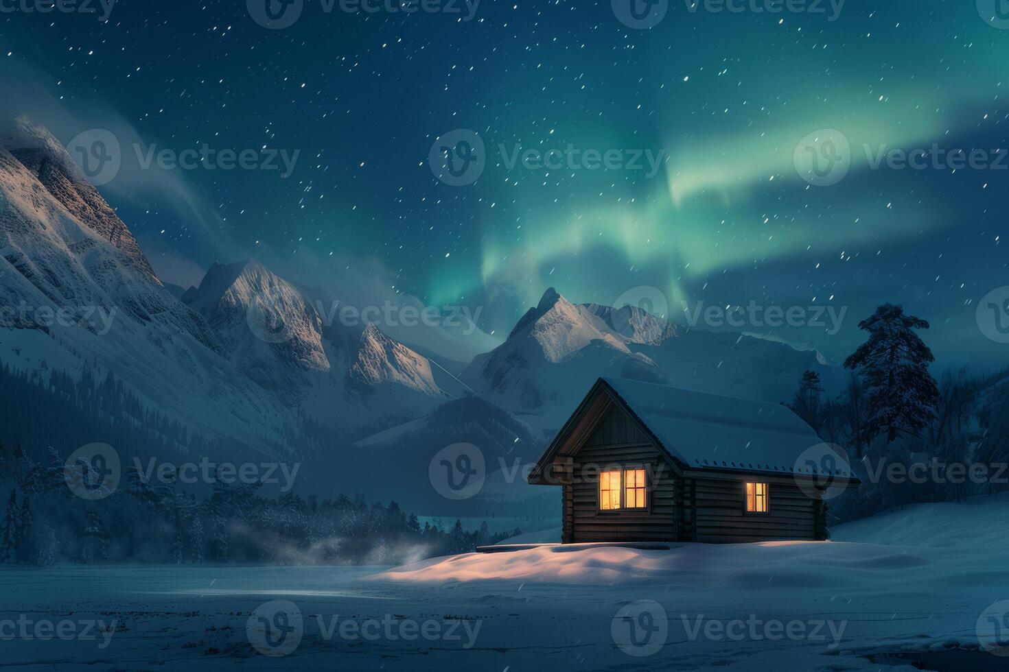 A cozy cabin in a snowy landscape glows with warmth under the northern lights and starlit sky, creating a magical winter scene that captivates the imagination and invites exploration photo