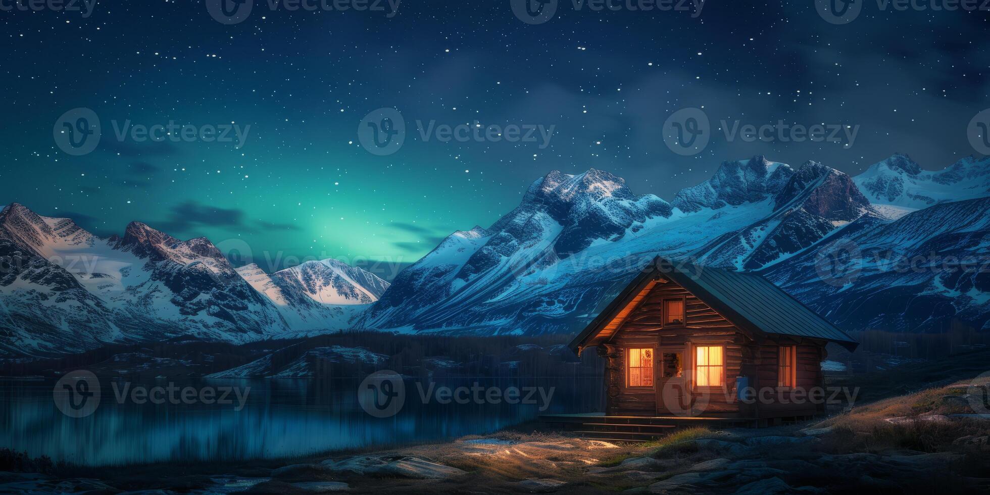 Imagine a cozy cabin among majestic mountains, illuminated by northern lights. A tranquil lake reflects vibrant colors and the starry sky, creating an idyllic atmosphere perfect for exploration photo
