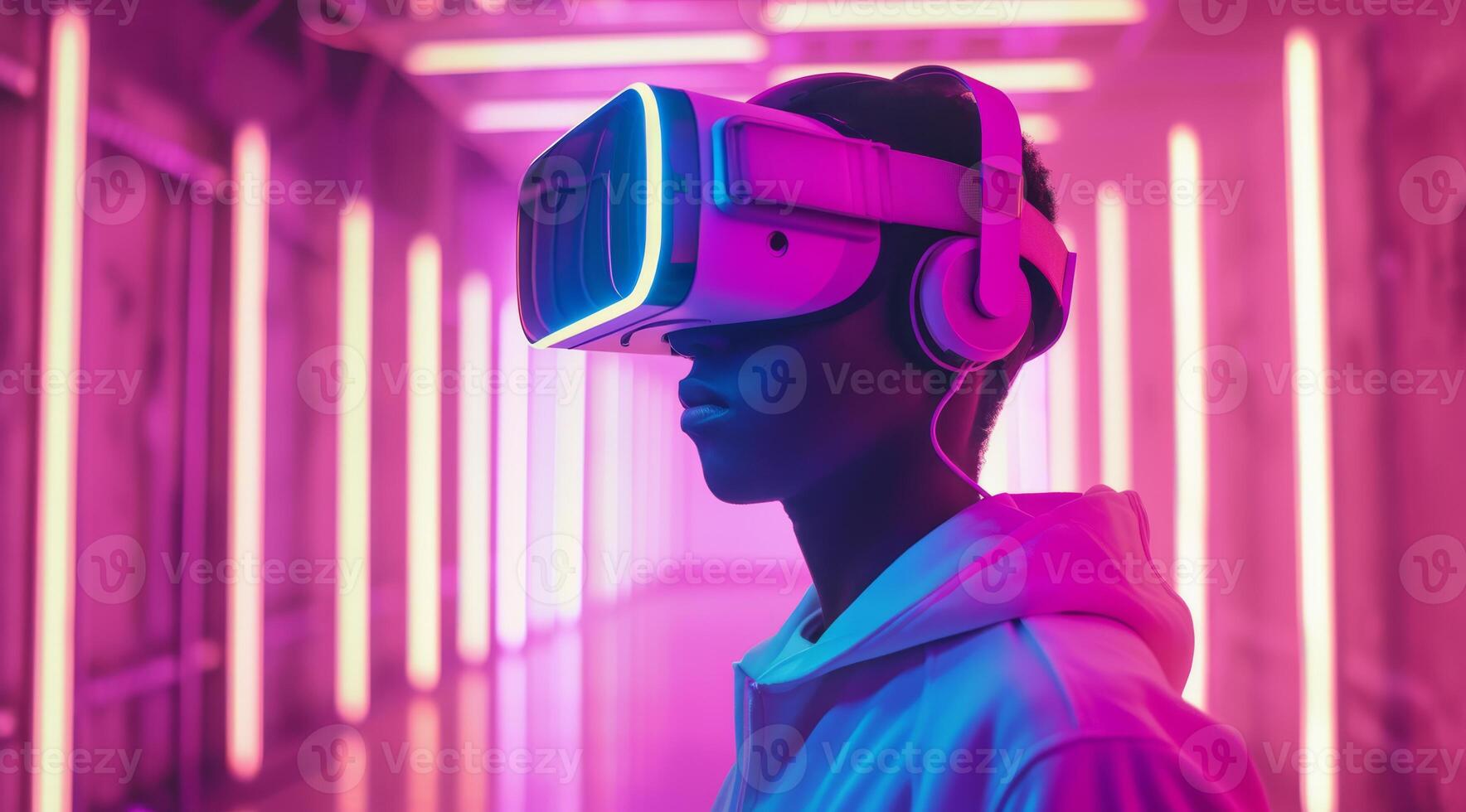 Imagine a person with futuristic VR goggles, amidst vibrant neon lights, representing the exciting realm of virtual reality and its limitless creative options for gamers and designers photo