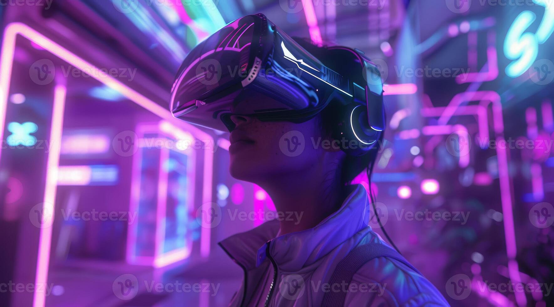 A person immersed in a captivating virtual reality experience with advanced technology and a vibrant neon backdrop, embodying the essence of modern gaming culture and the progress in entertainment photo