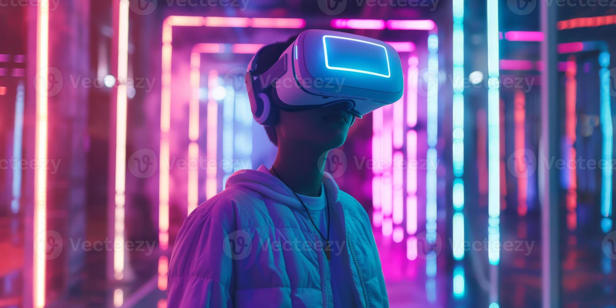 An individual immerses in a captivating virtual reality experience, surrounded by vibrant neon lights showcasing the allure of modern technology and its groundbreaking innovations photo