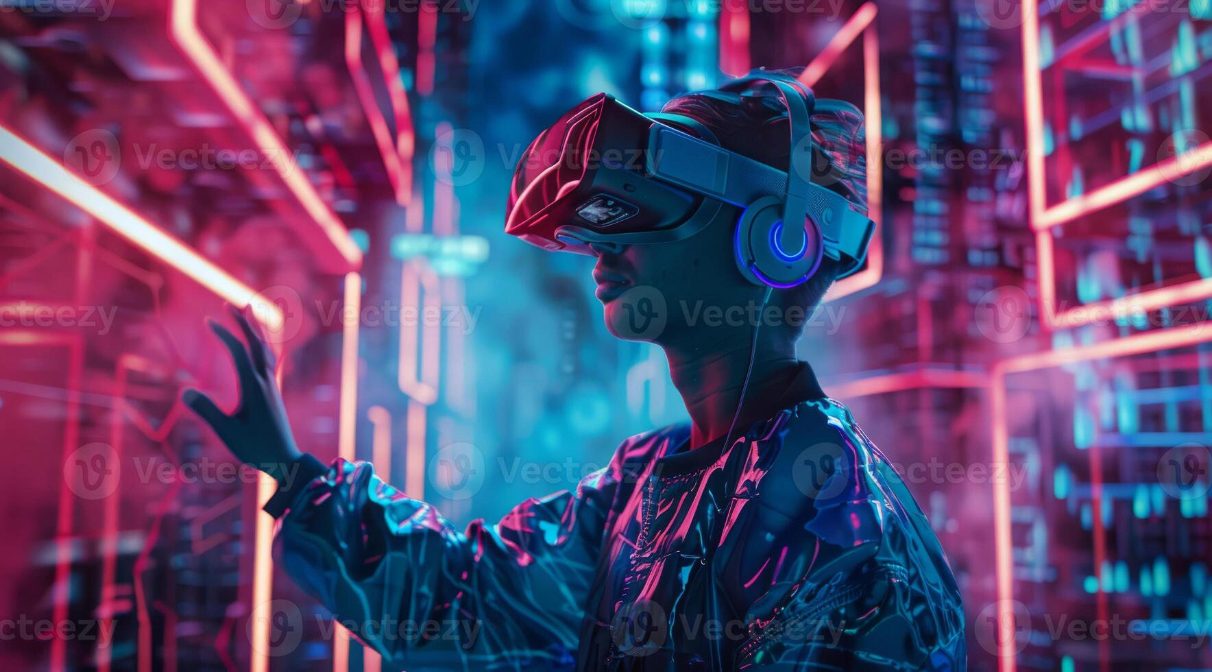 An individual wearing advanced virtual reality goggles is immersed in a vibrant, neonlit digital world, showcasing the exciting future and vast potential of virtual reality technology photo