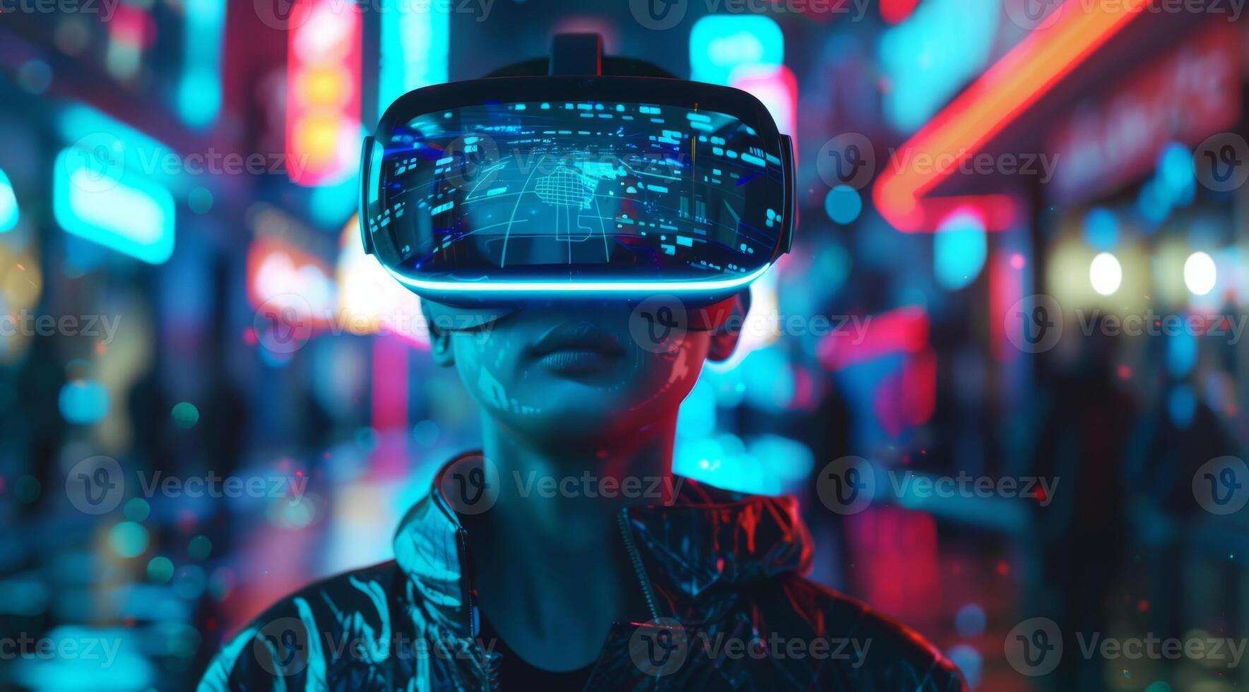 A person wearing advanced, futuristic VR goggles stands amidst a vibrant, neonlit cityscape, showcasing the captivating and immersive experiences that modern VR technology can provide to users photo