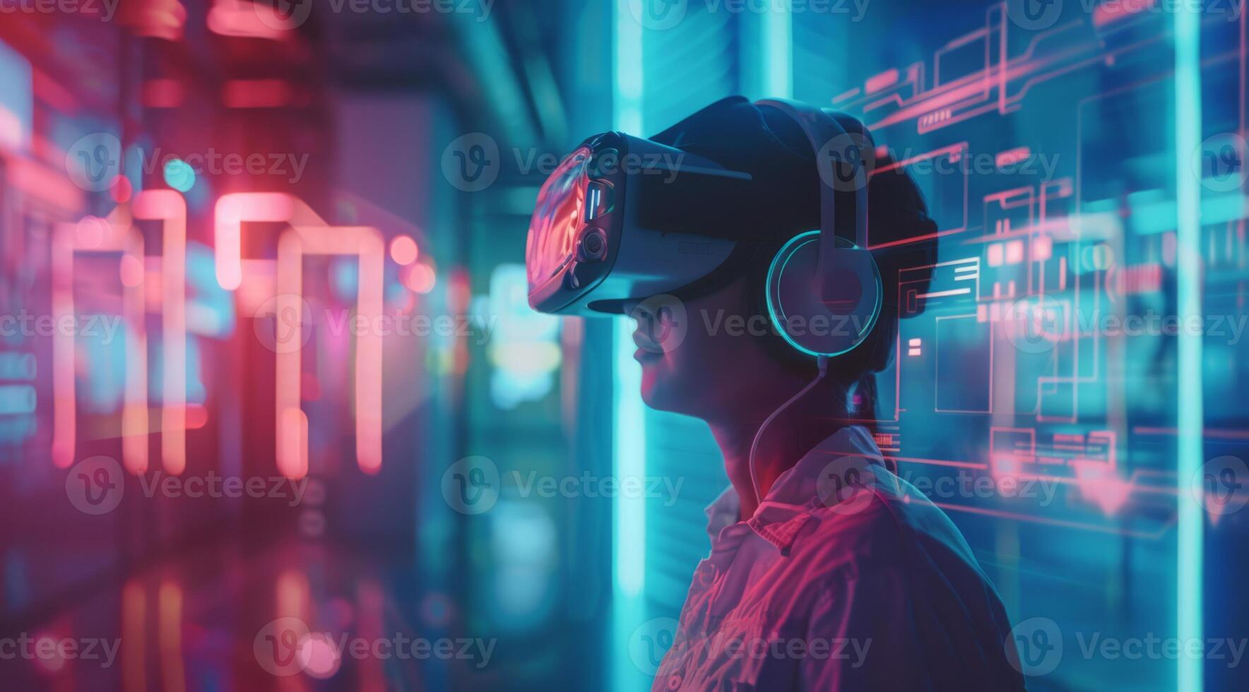 A person immersed in a vibrant digital environment with VR goggles, illuminated by neon lights and futuristic elements, showcases cuttingedge immersive technology enhancing the experience photo