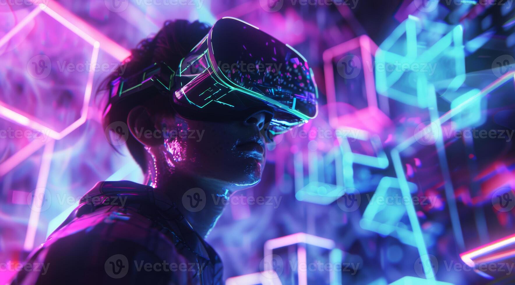 This vivid depiction shows a user immersed in a vibrant virtual reality world, filled with neon lights, mesmerizing animations, and everchanging digital landscapes that captivate the imagination photo