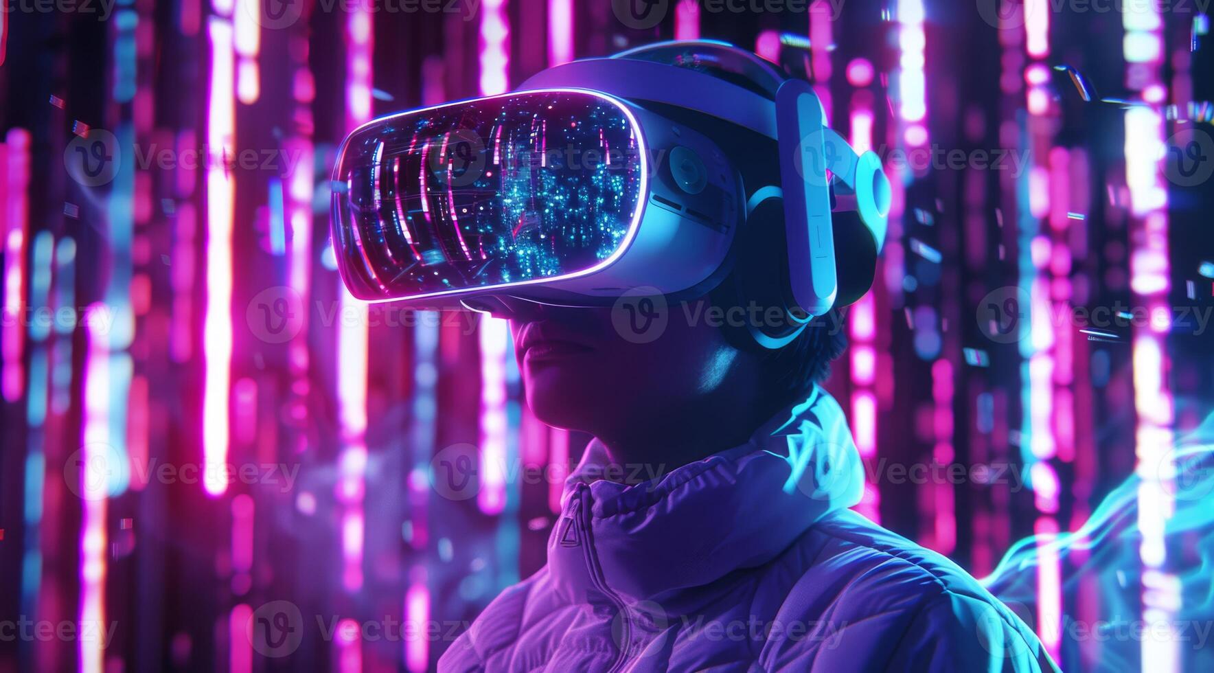 A user is completely immersed in a vibrant virtual reality world, wearing innovative futuristic goggles, and surrounded by dazzling neon lights, creating an astonishingly immersive gaming experience photo