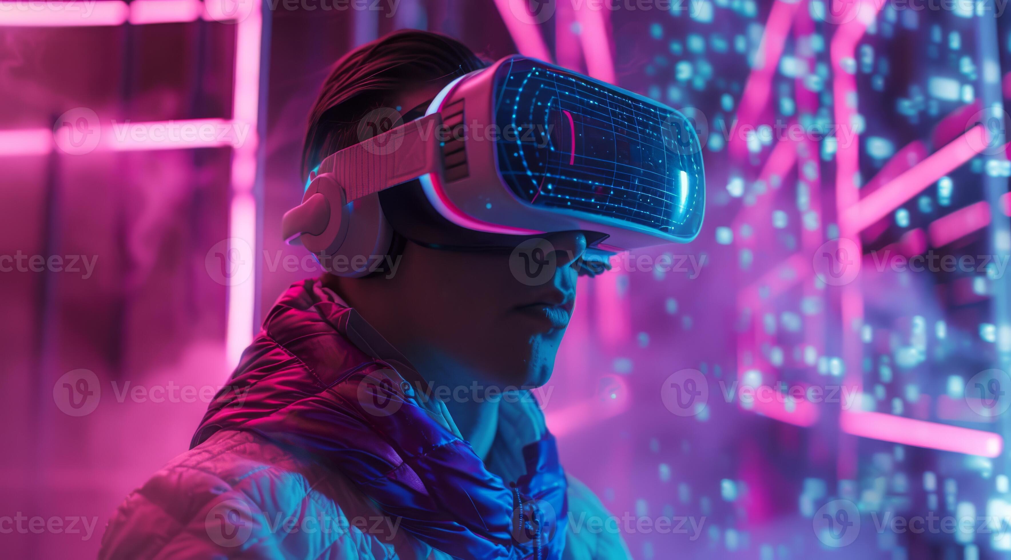 In a vibrant, neonlit setting, a person eagerly puts on a hightech VR In a vibrant, neonlit setting, a person eagerly puts on a hightech VR