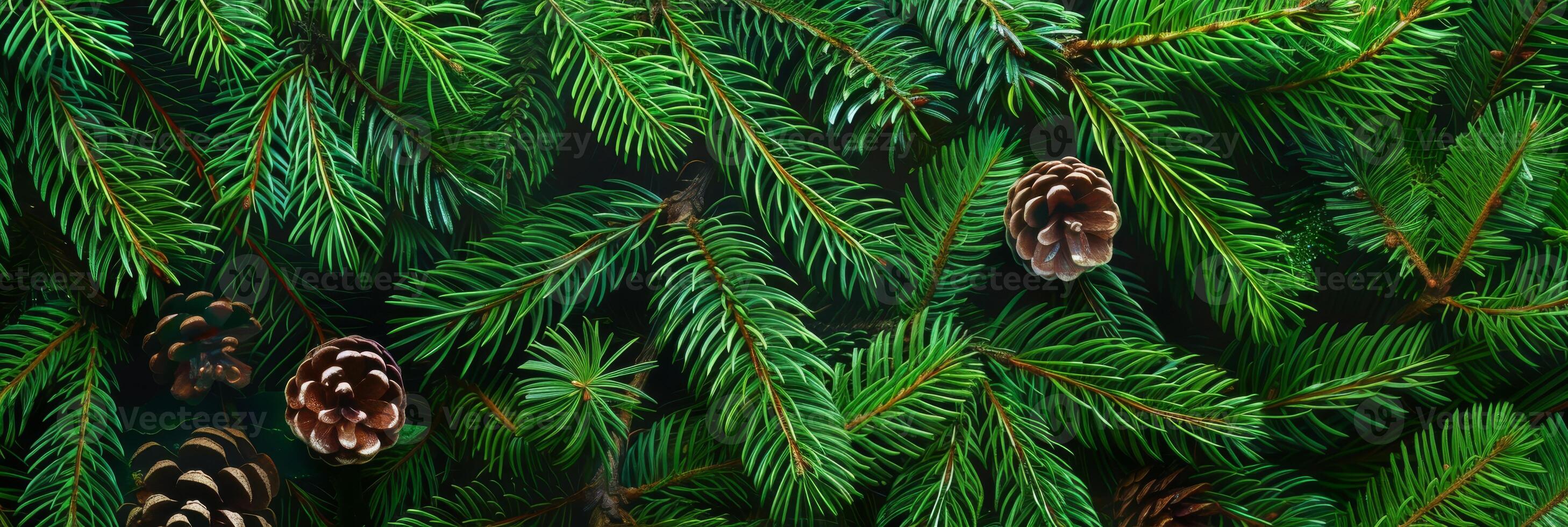 A detailed closeup view of a lush and vibrant pine branch adorned beautifully with coniferous needles, along with decorative pine cones, showcasing the stunning beauty of nature in its purest form photo