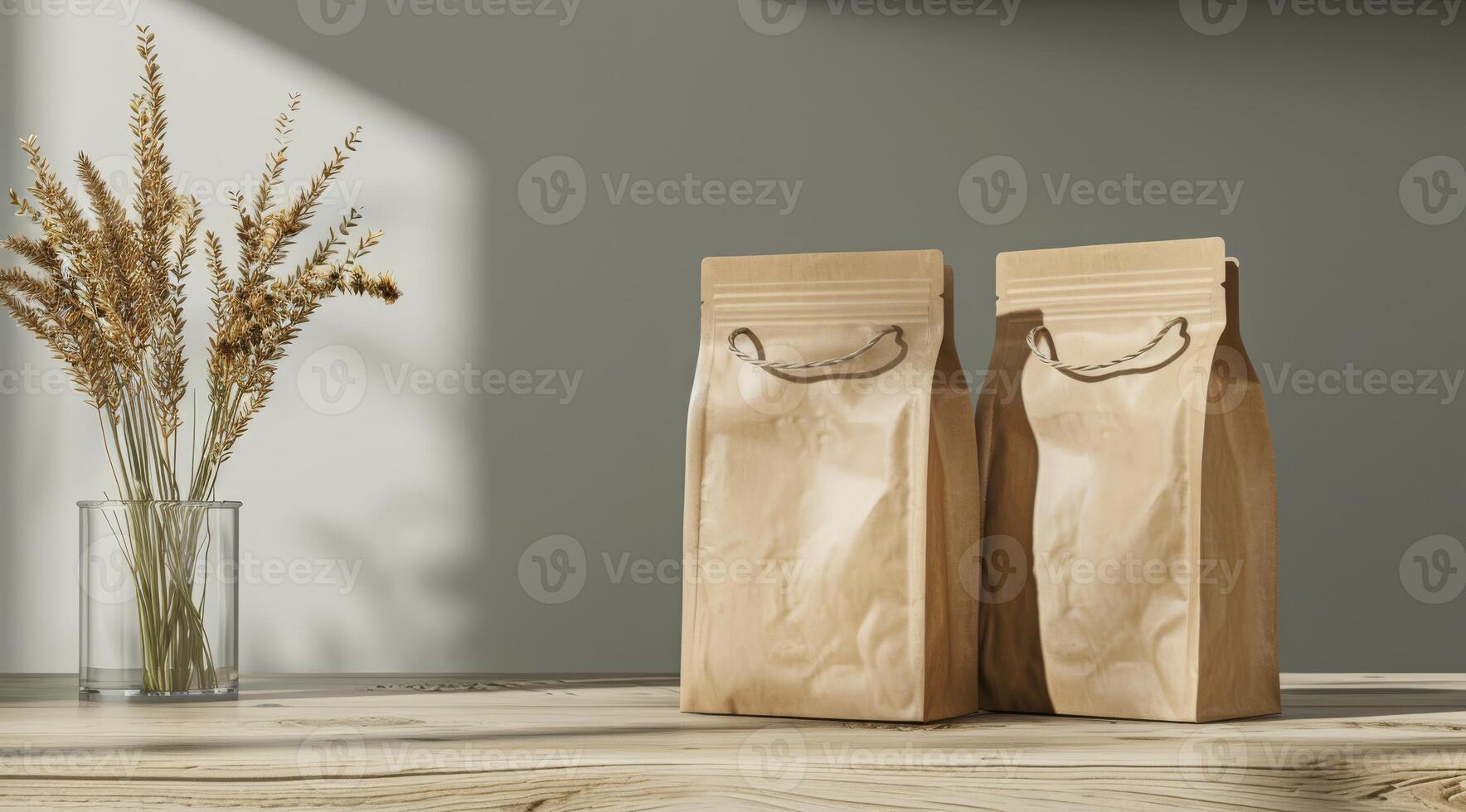 These stylish paper bags with twine handles are displayed on a rustic table beside a vase of dried flowers, ideal for branding mockups and presentations, offering versatility for creative uses photo