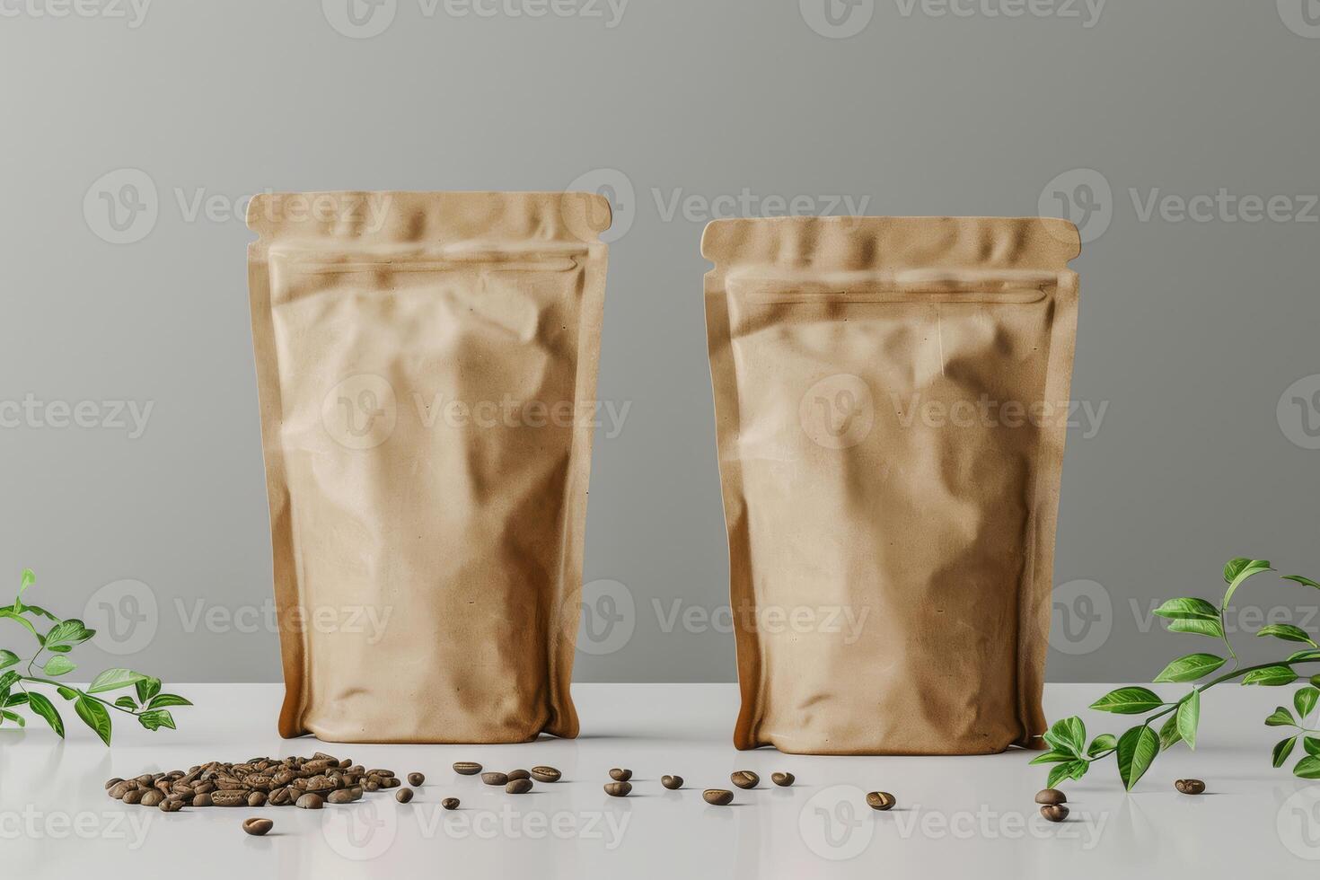 We proudly showcase two beautifully designed brown paper bags, perfect for packaging coffee, elegantly arranged with aromatic beans and vibrant greenery that enhances their appeal photo