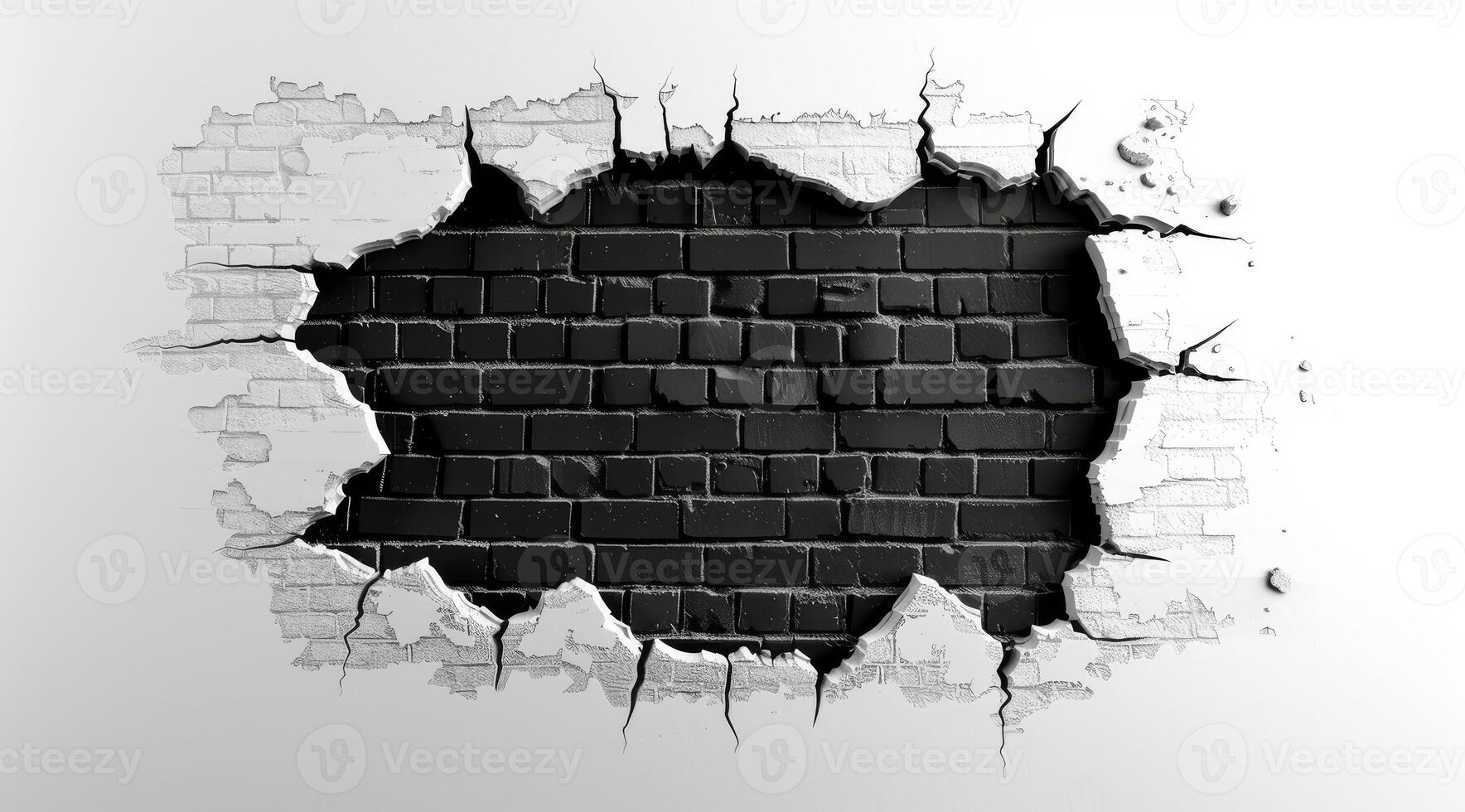 A striking 3D rendering of a cracked wall revealing black bricks. Perfect for backgrounds, graphic design, and art projects photo