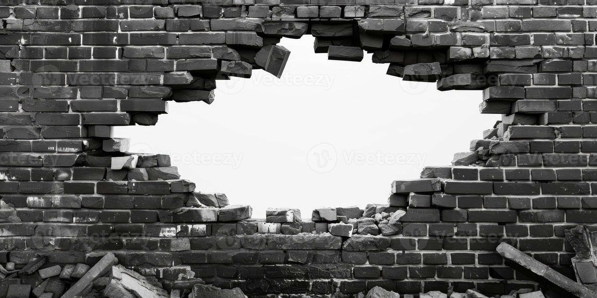 The black and white photo features a weathered brick wall with a large hole, highlighting its rough texture and the contrast of the void behind, evoking feelings of abandonment and nostalgia
