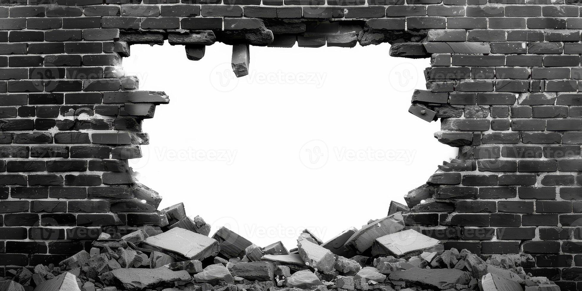 A captivating image of a broken brick wall reveals a clean white space behind it, perfect for 3D design and artistic projects. The crumbled bricks add a dramatic effect to the aesthetic appeal photo