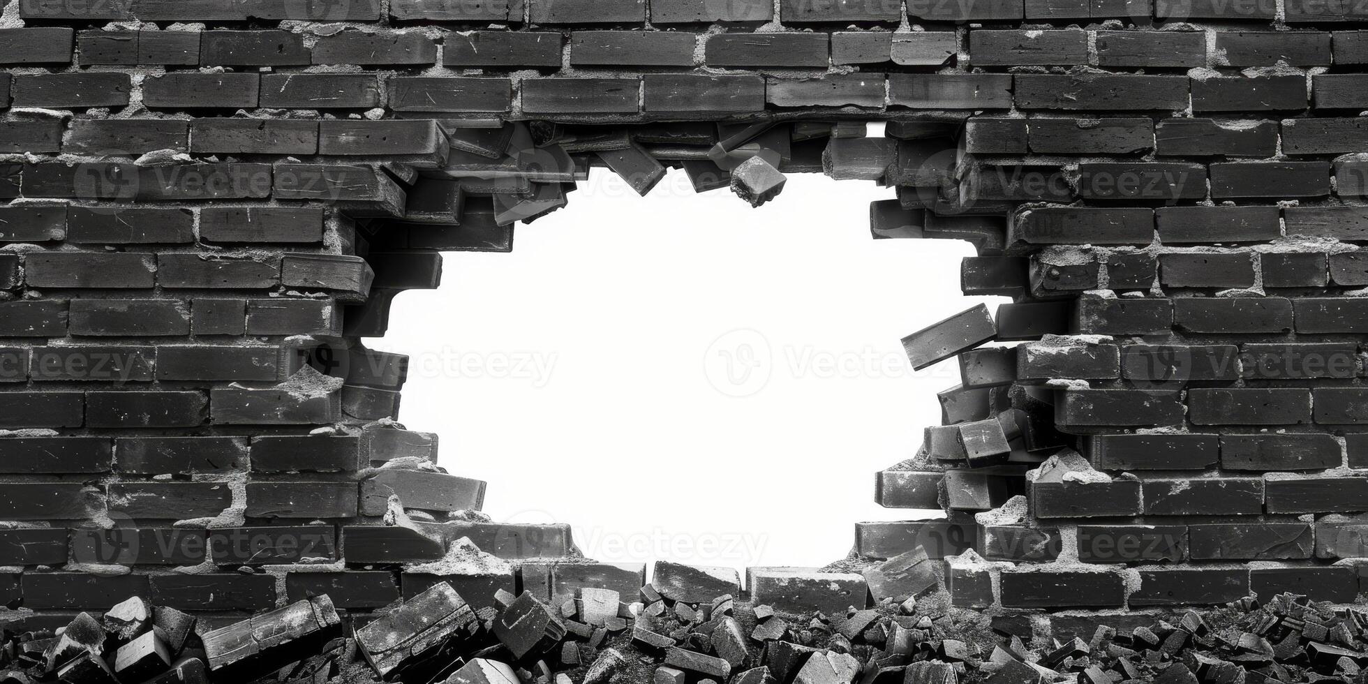 This incredibly detailed 3D rendering presents a cracked black brick wall featuring a large hole, resulting in a striking visual effect that deeply captivates and engages viewers attention photo
