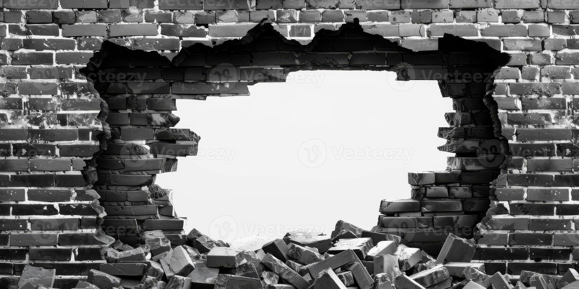 This black and white image features a large hole in a weathered brick wall, revealing stark space beyond. The intricate texture enhances the scene, compellingly drawing the viewers gaze photo
