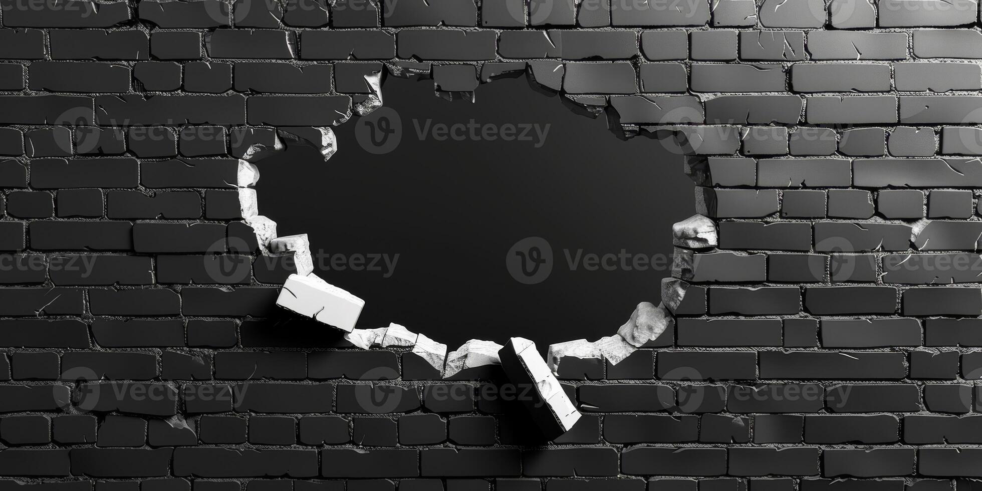 The image shows a damaged wall with a large hole and cracked edges, contrasting with surrounding black bricks, evoking a sense of depth, decay, and inviting thoughts on time and neglect photo