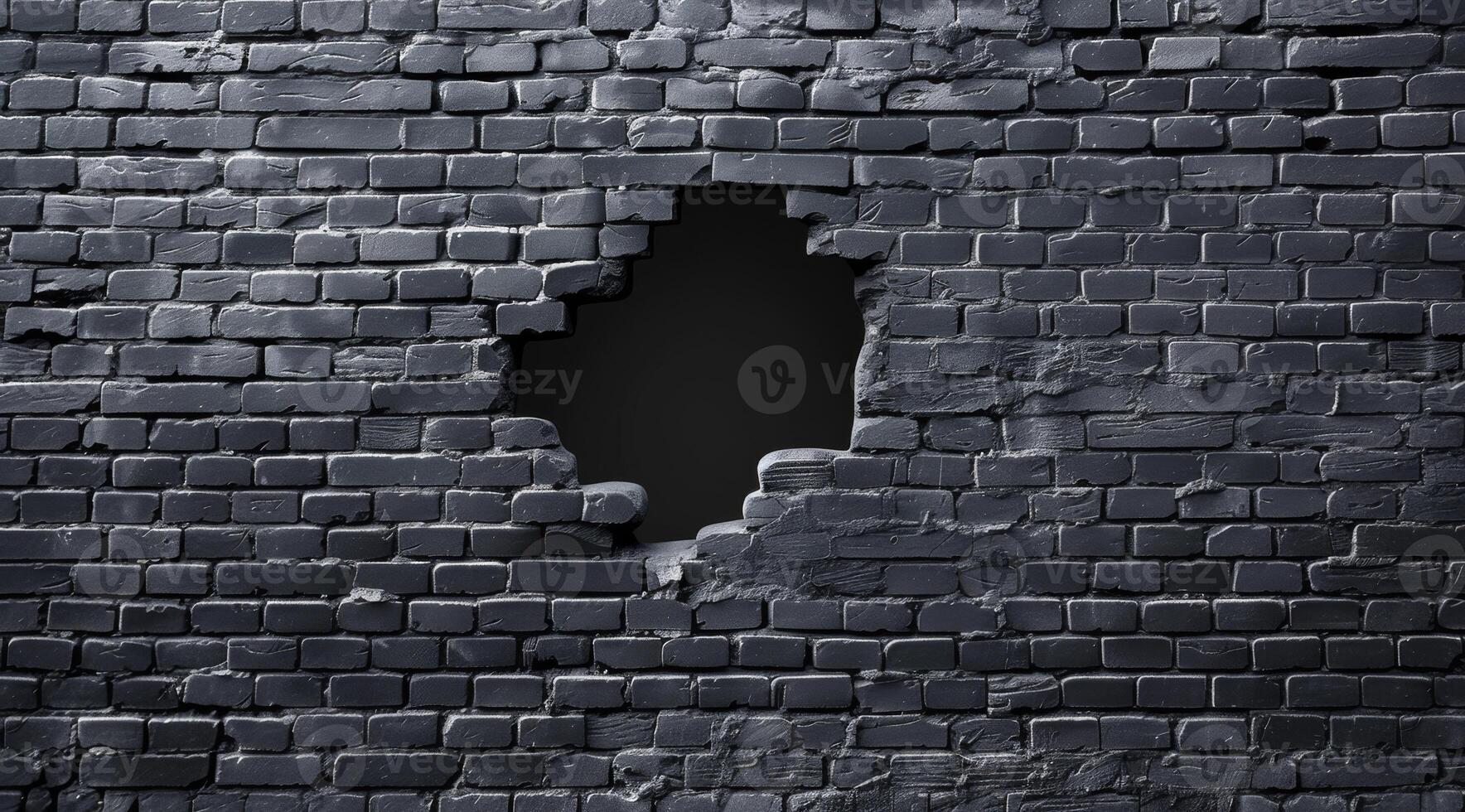 This is a stunning and realistic 3D rendering of a textured dark brick wall. It features a prominent hole, which adds a fascinating and intriguing visual effect to the overall composition photo