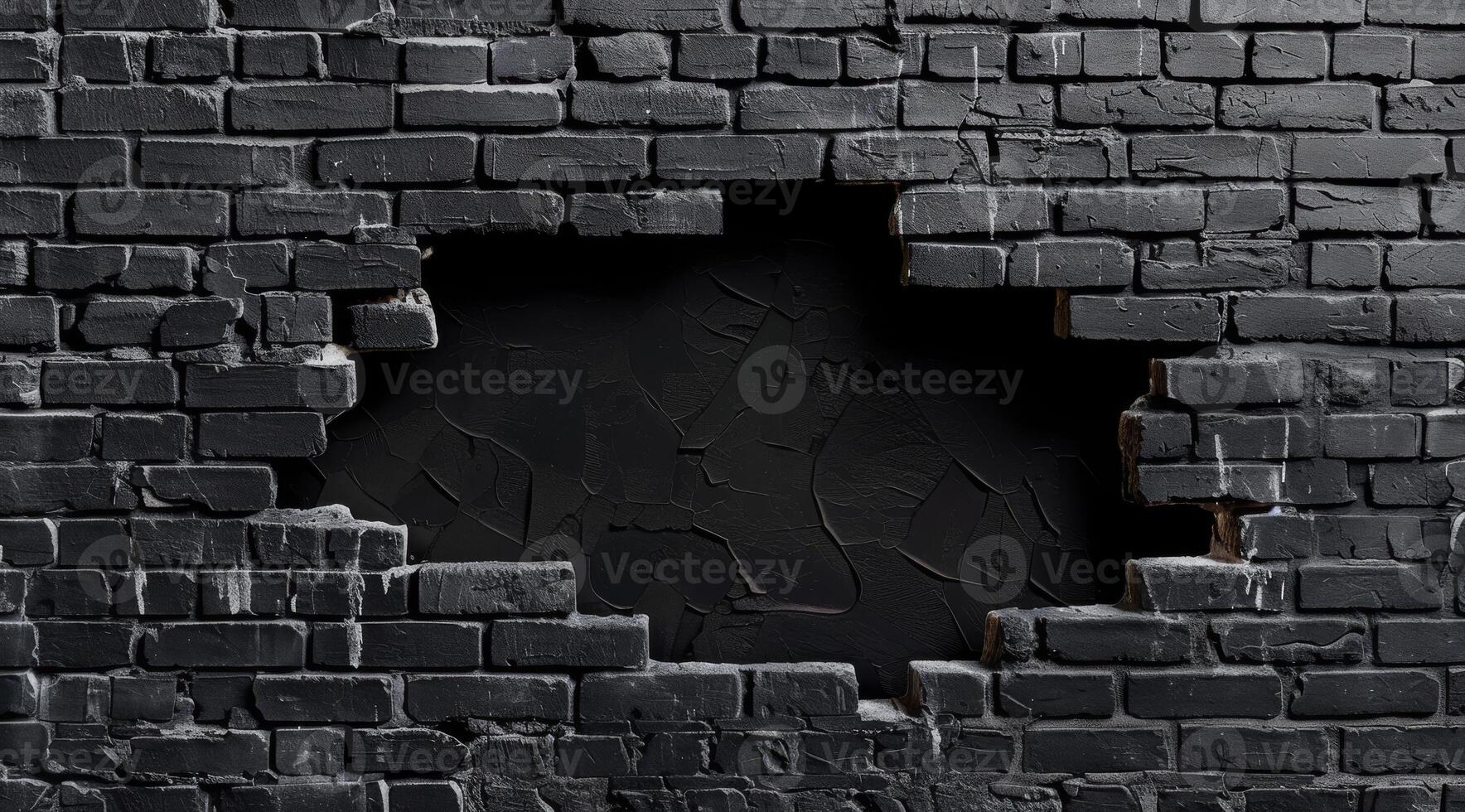 This captivating image shows a cracked black brick wall revealing a mysterious void behind it, showcasing depth and texture, perfect for artists and designers in creative projects photo